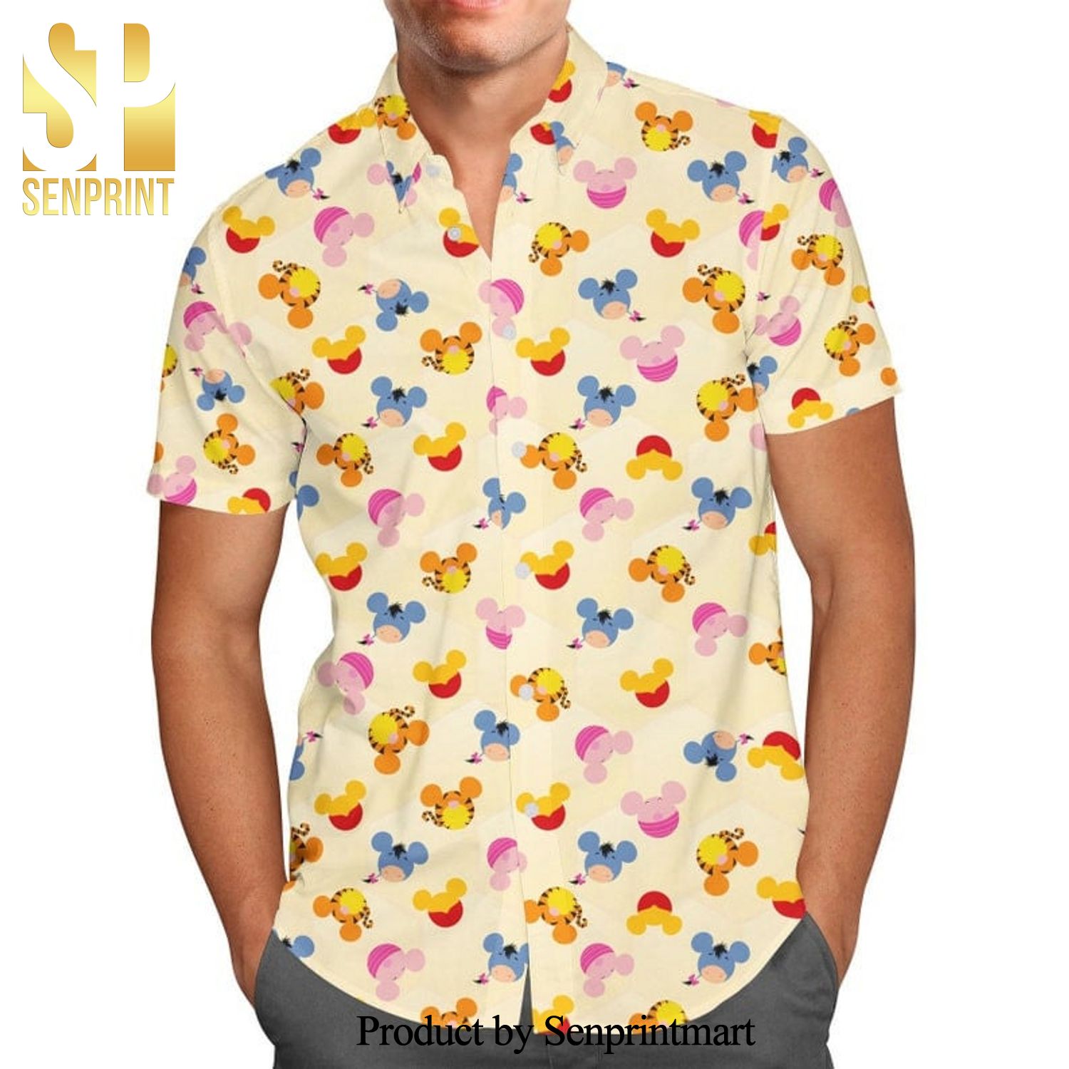 Pooh Bear And Friends In Mickey Mouse Pattern Disney Cartoon Graphics Full Printing Hawaiian Shirt – Yellow