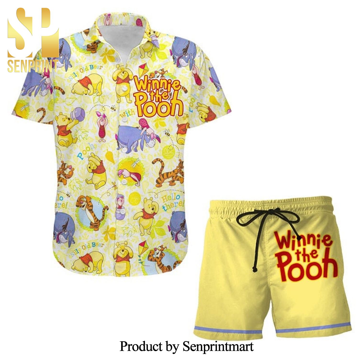 Pooh Eeyore Tigger Piglet Disney Cartoon Graphics Full Printing Combo Hawaiian Shirt And Beach Shorts – Yellow