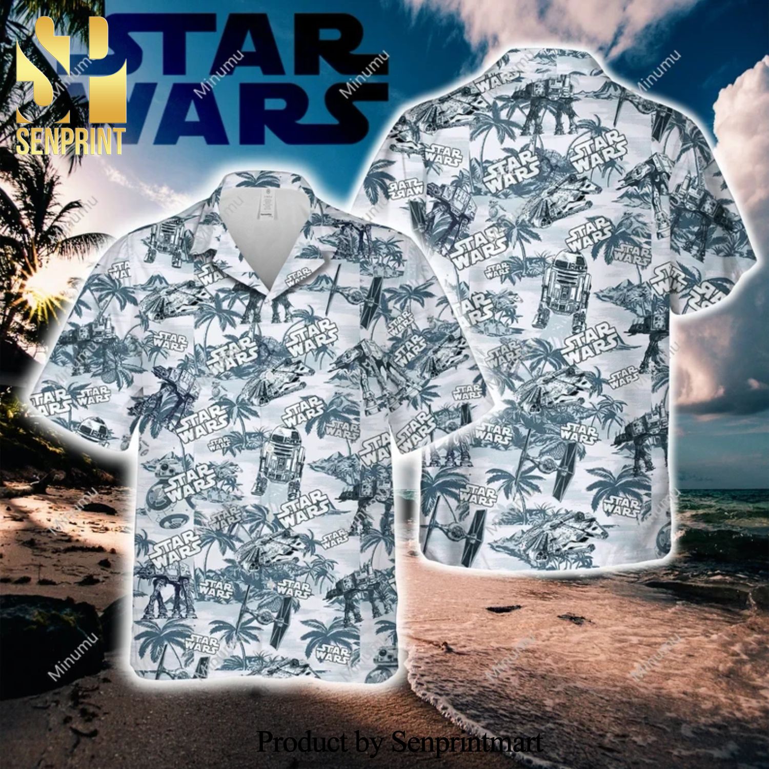 R2-D2 BB-8 All Terrain Armored Transport Millennium Falcon Star Wars Full Printing Hawaiian Shirt – Grey