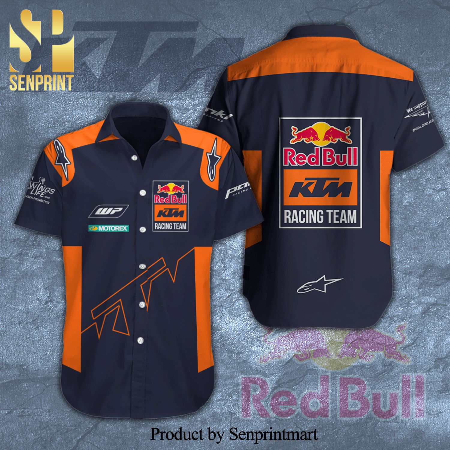 Red Bull KTM Factory Racing Alpinestars WP Motorex Full Printing Short Sleeve Dress Shirt Hawaiian Summer Aloha Beach Shirt – Navy Orange