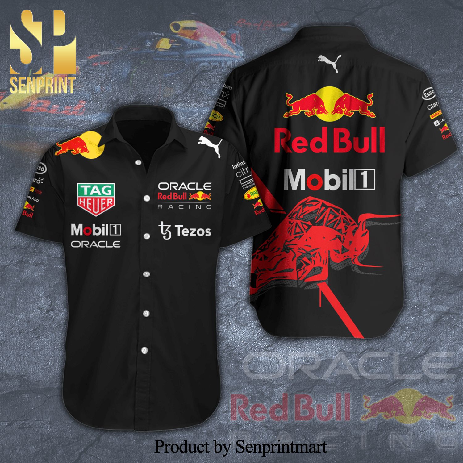 Red Bull Racing Tezos Mobil 1 Oracle Full Printing Short Sleeve Dress Shirt Hawaiian Summer Aloha Beach Shirt – Black White Navy Gray