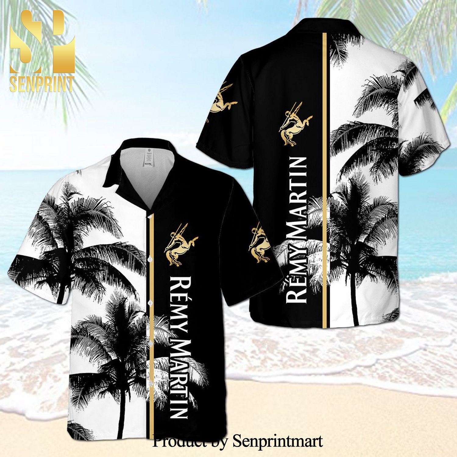 Remy Martin Palm Tree Full Printing Aloha Summer Beach Hawaiian Shirt – Black White