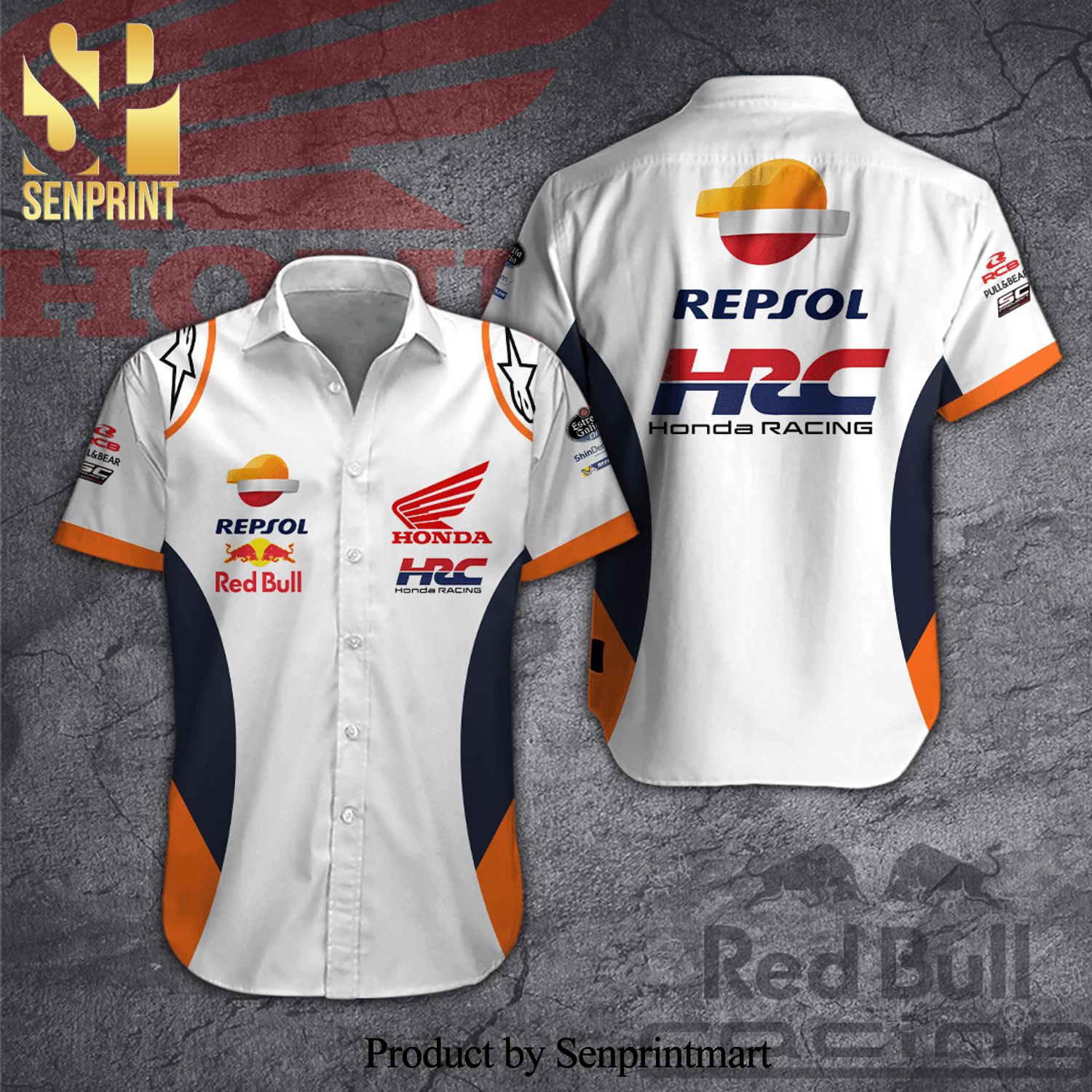 Repsol Honda Racing HRC Red Bull Alpinestars Full Printing Short Sleeve Dress Shirt Hawaiian Summer Aloha Beach Shirt – White