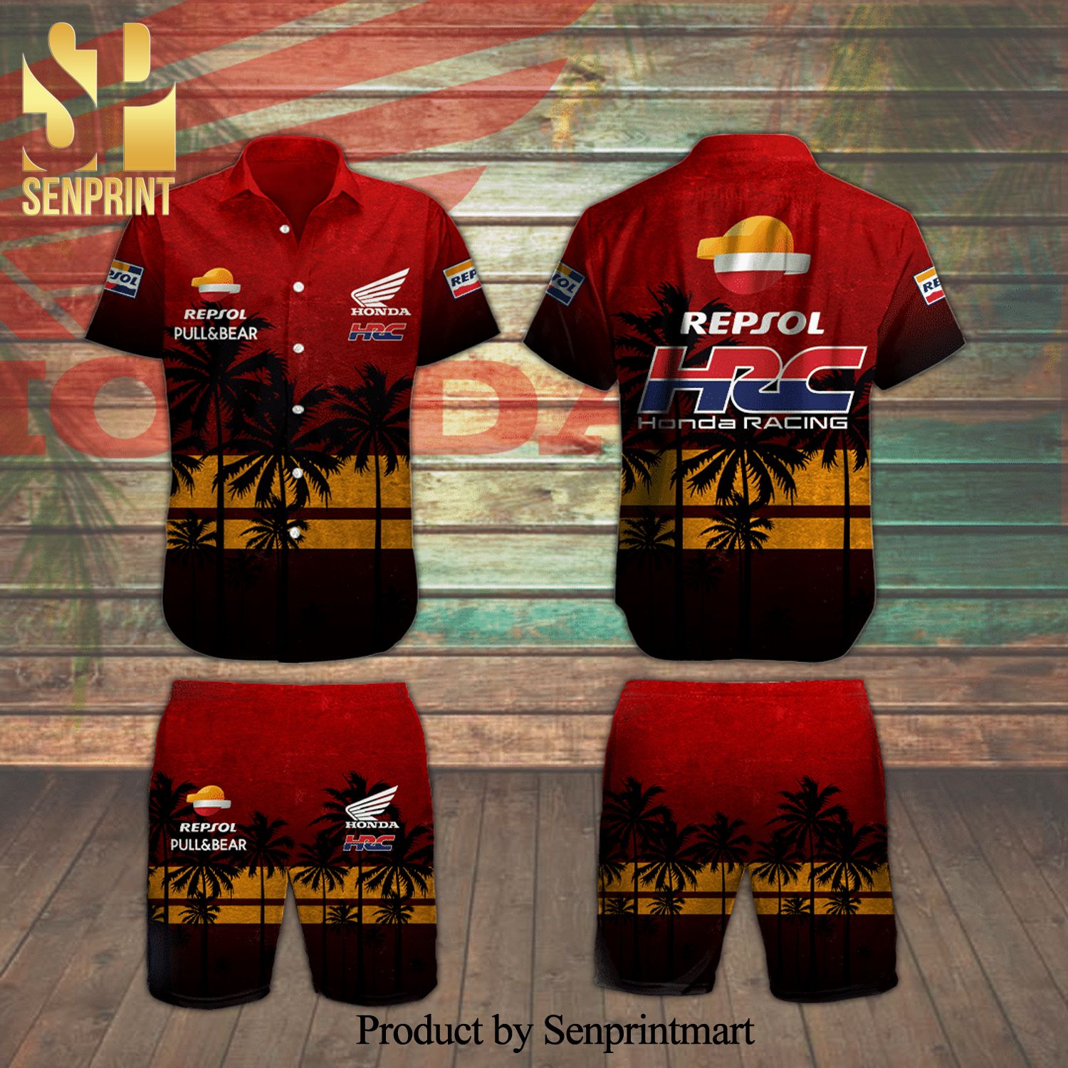 Repsol Honda Team HRC Palm Tree Sunset Full Printing Aloha Summer Beach Hawaiian Shirt And Beach Shorts – Red