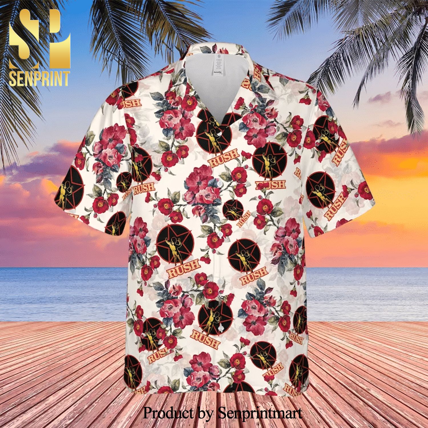 Rush Rock Band And Floral Pattern Full Printing Hawaiian Shirt – White