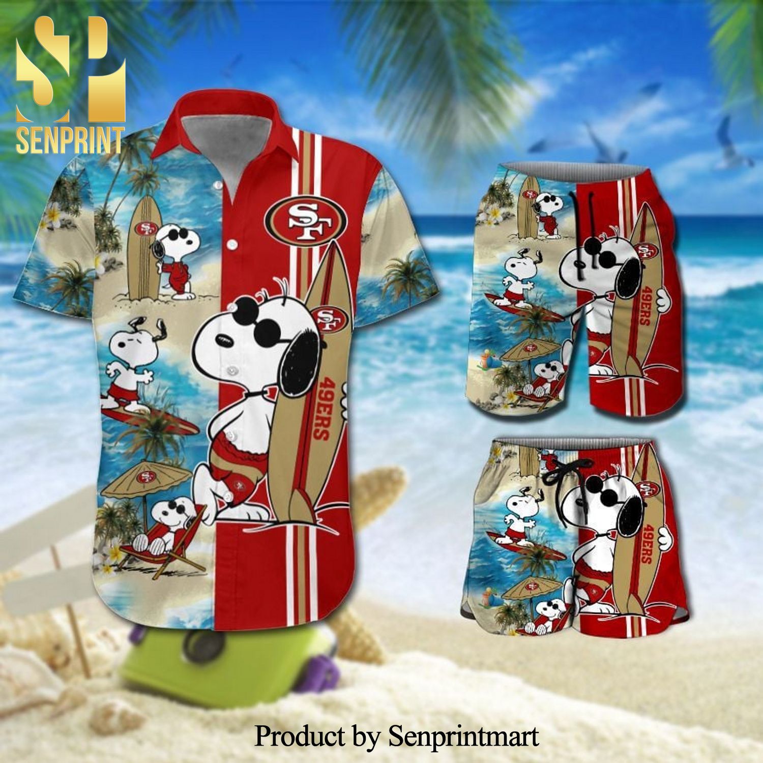 San Francisco 49Ers Snoopy Surfing On The Beach Full Printing Combo Hawaiian Shirt And Beach Shorts – Red