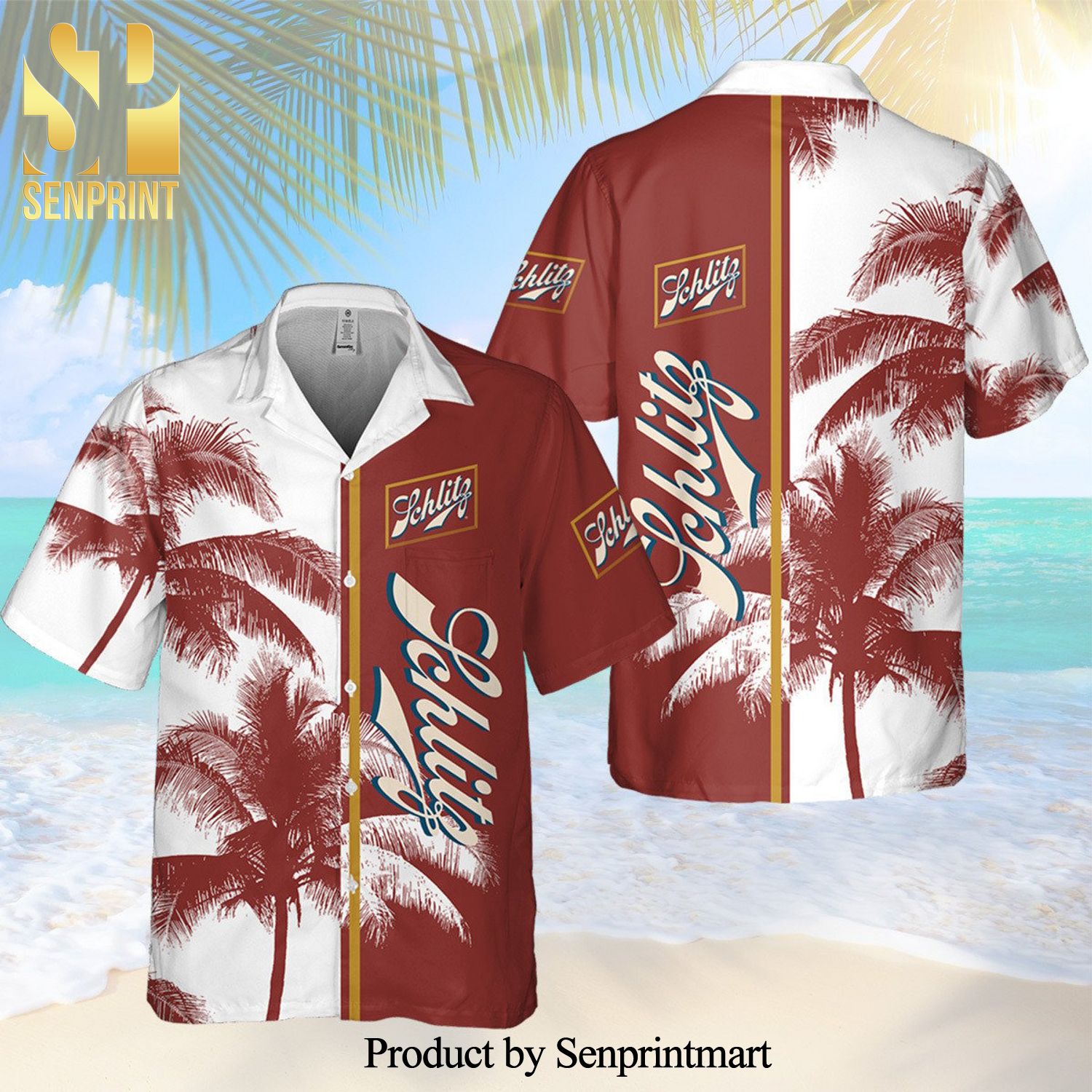 Schlitz Beer Palm Tree Full Printing Aloha Summer Beach Hawaiian Shirt – White Red