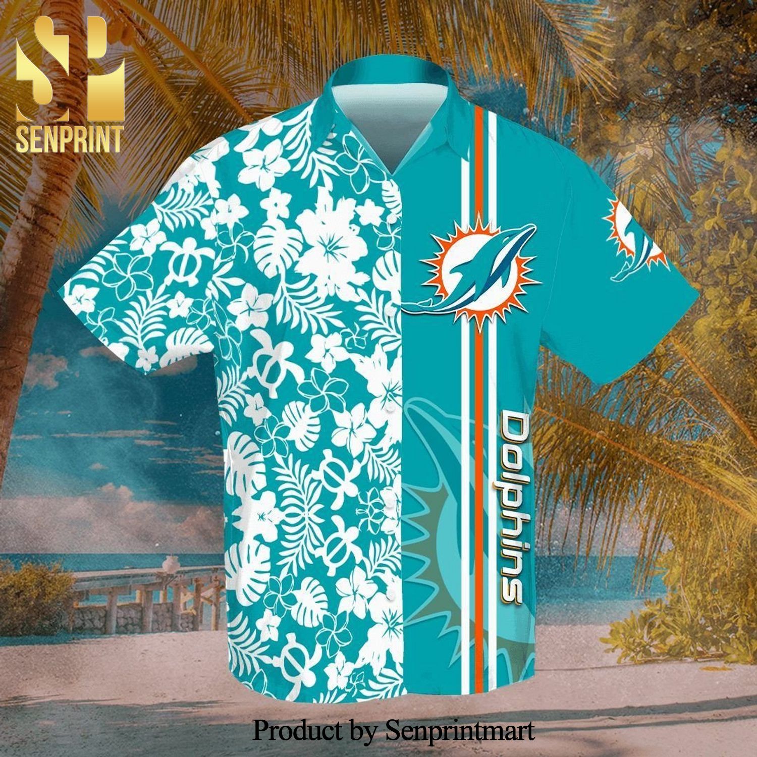 Miami Dolphins Full Printing Flowery Short Sleeve Dress Shirt Hawaiian Summer Aloha Beach Shirt – Turquoise