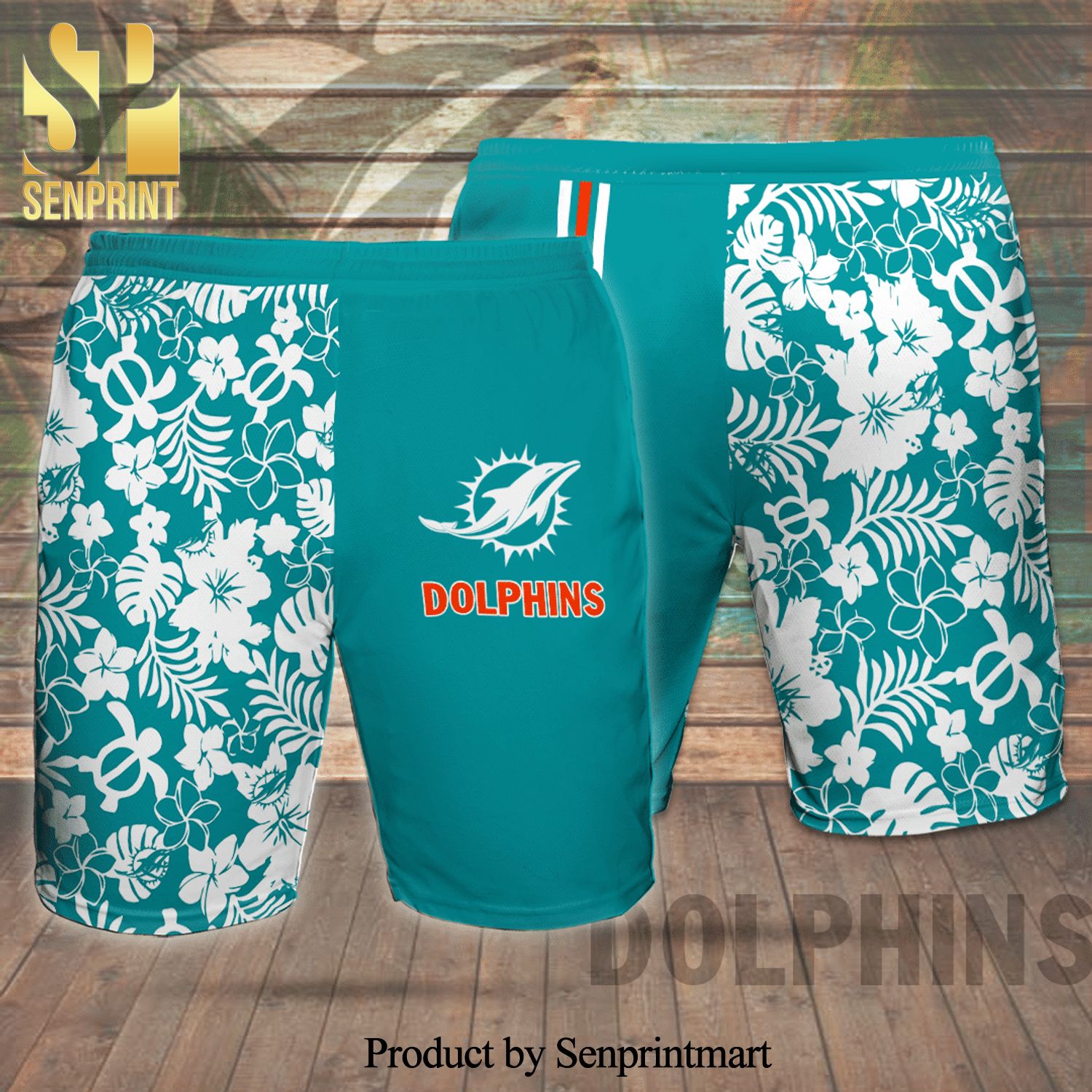 Miami Dolphins Full Printing Flowery Summer Beach Shorts – Turquoise