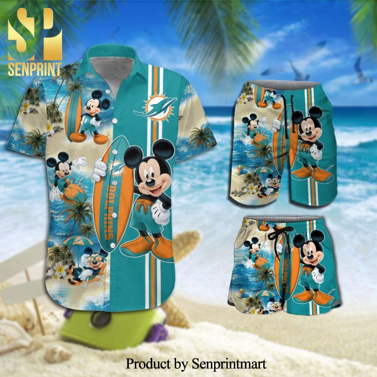 Miami Dolphins Mickey Mouse Full Printing Hawaiian Set