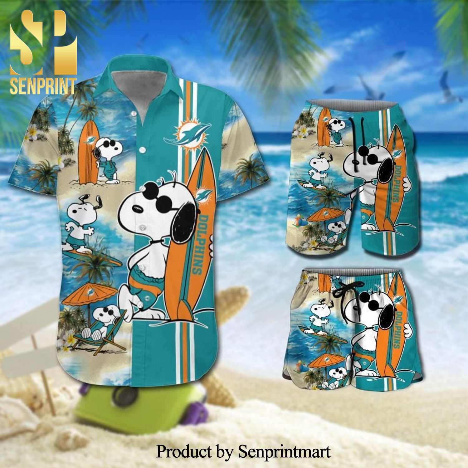 Miami Dolphins Snoopy Full Printing Hawaiian Shirt And Beach Shorts
