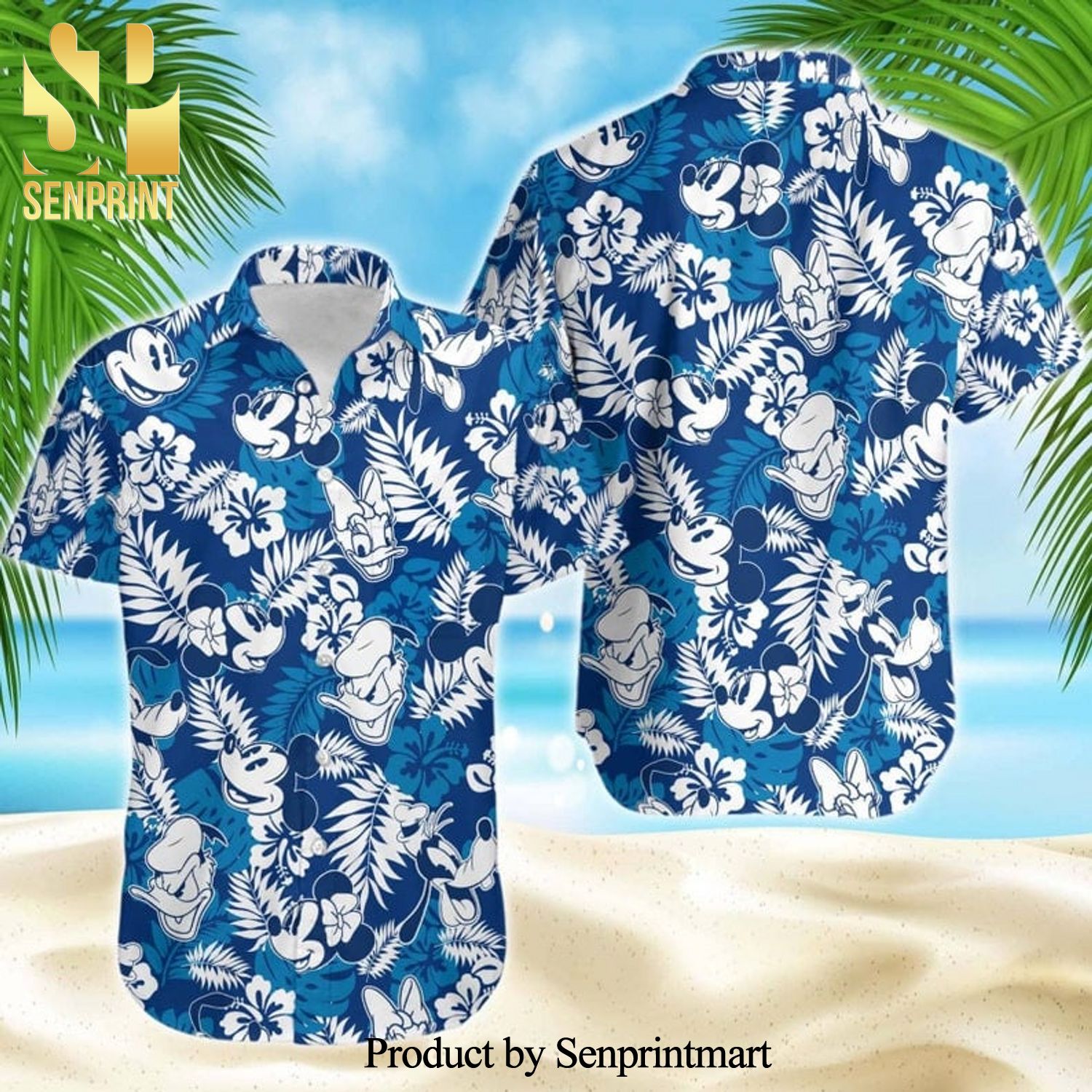 Mickey And Friends Floral Pattern Full Printing Hawaiian Shirt – Blue