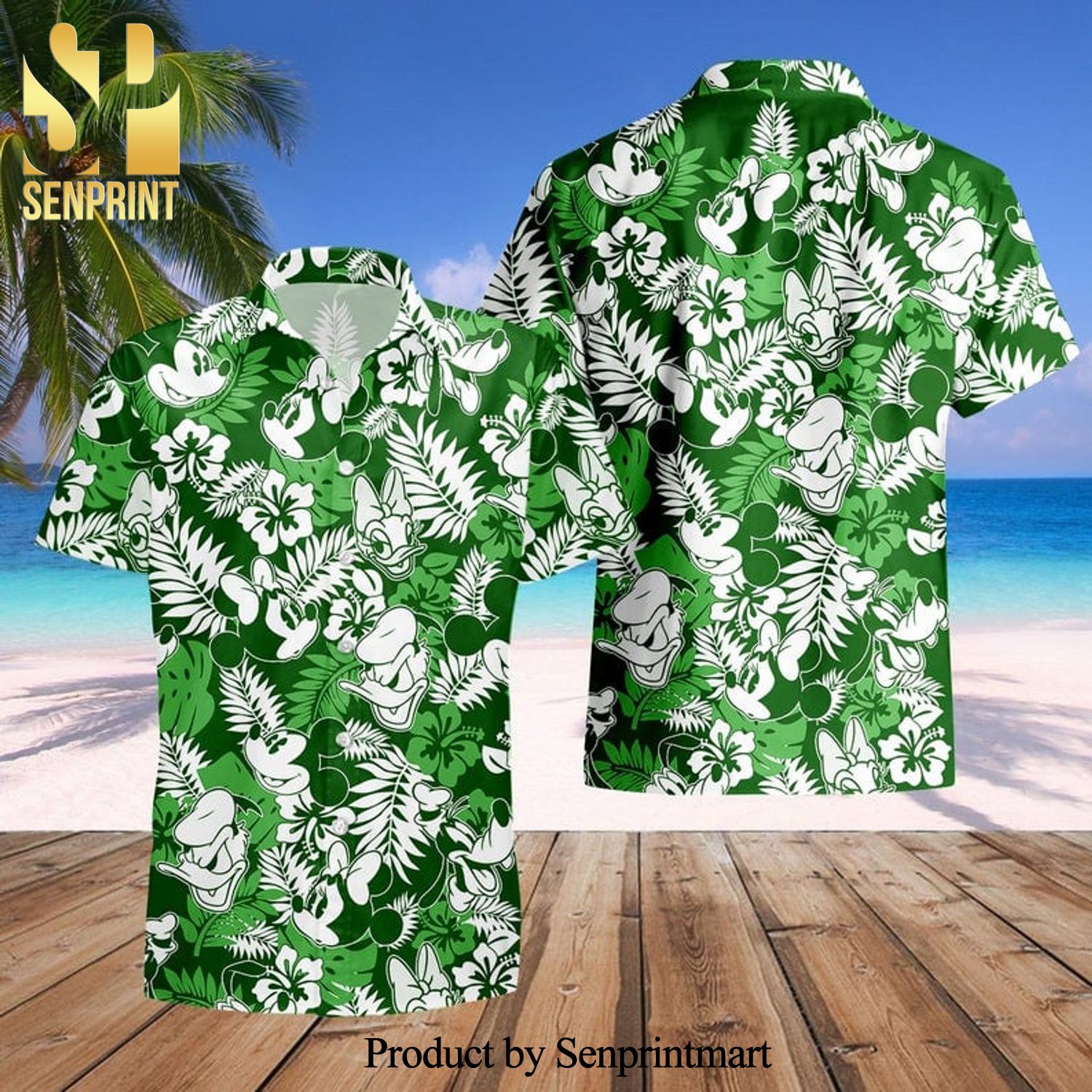 Mickey And Friends Floral Pattern Full Printing Hawaiian Shirt – Green White