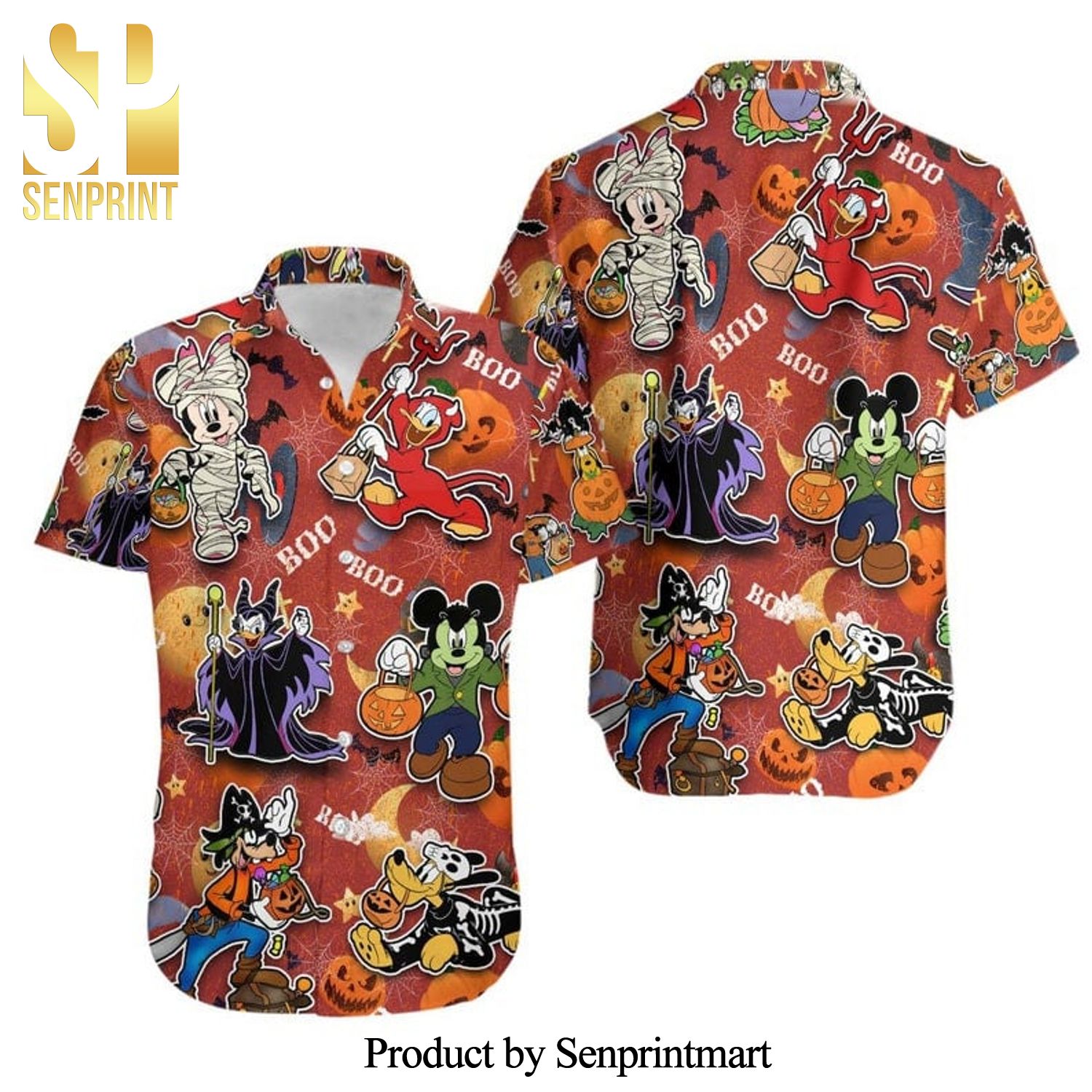 Mickey And Friends Halloween Villain Costume Disney Full Printing Hawaiian Shirt - Orange