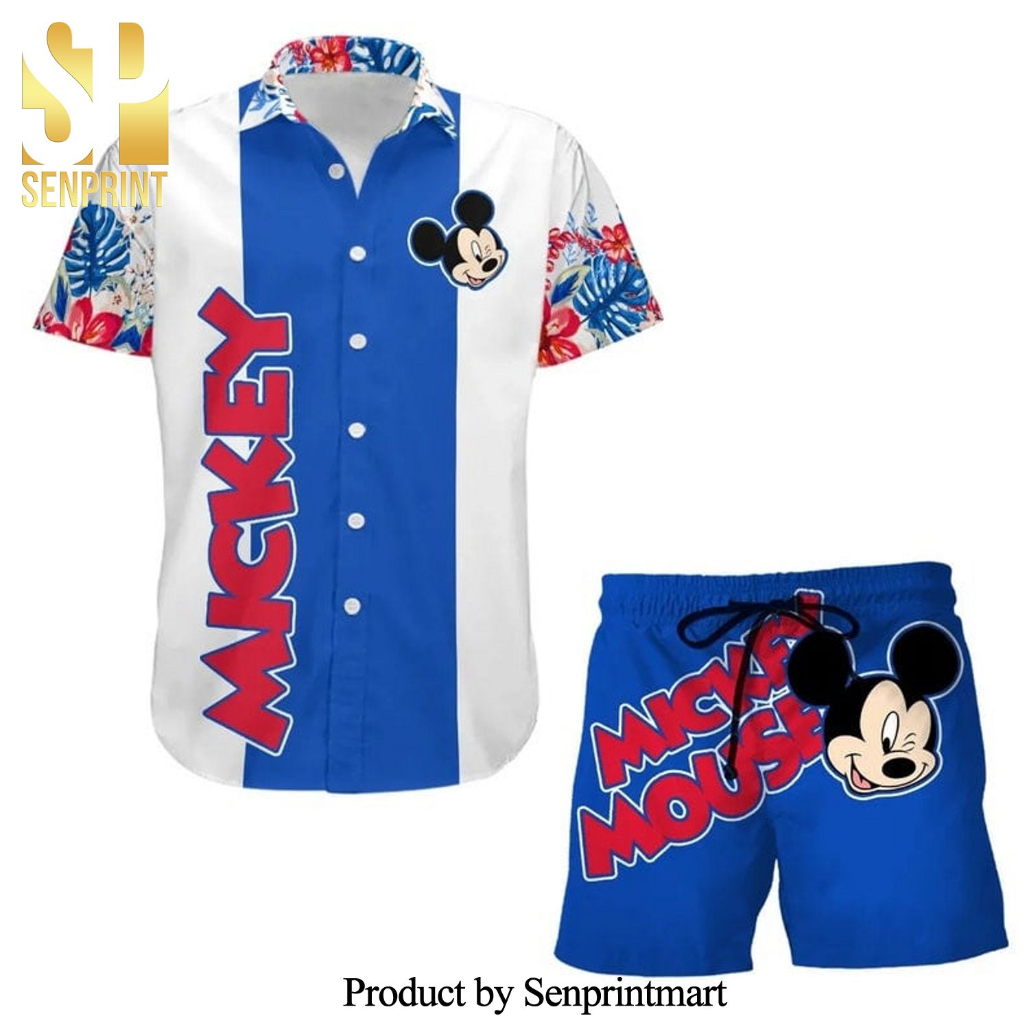 Mickey Mouse Floral Stripe Disney Cartoon Graphics Full Printing Combo Hawaiian Shirt And Beach Shorts – White Blue