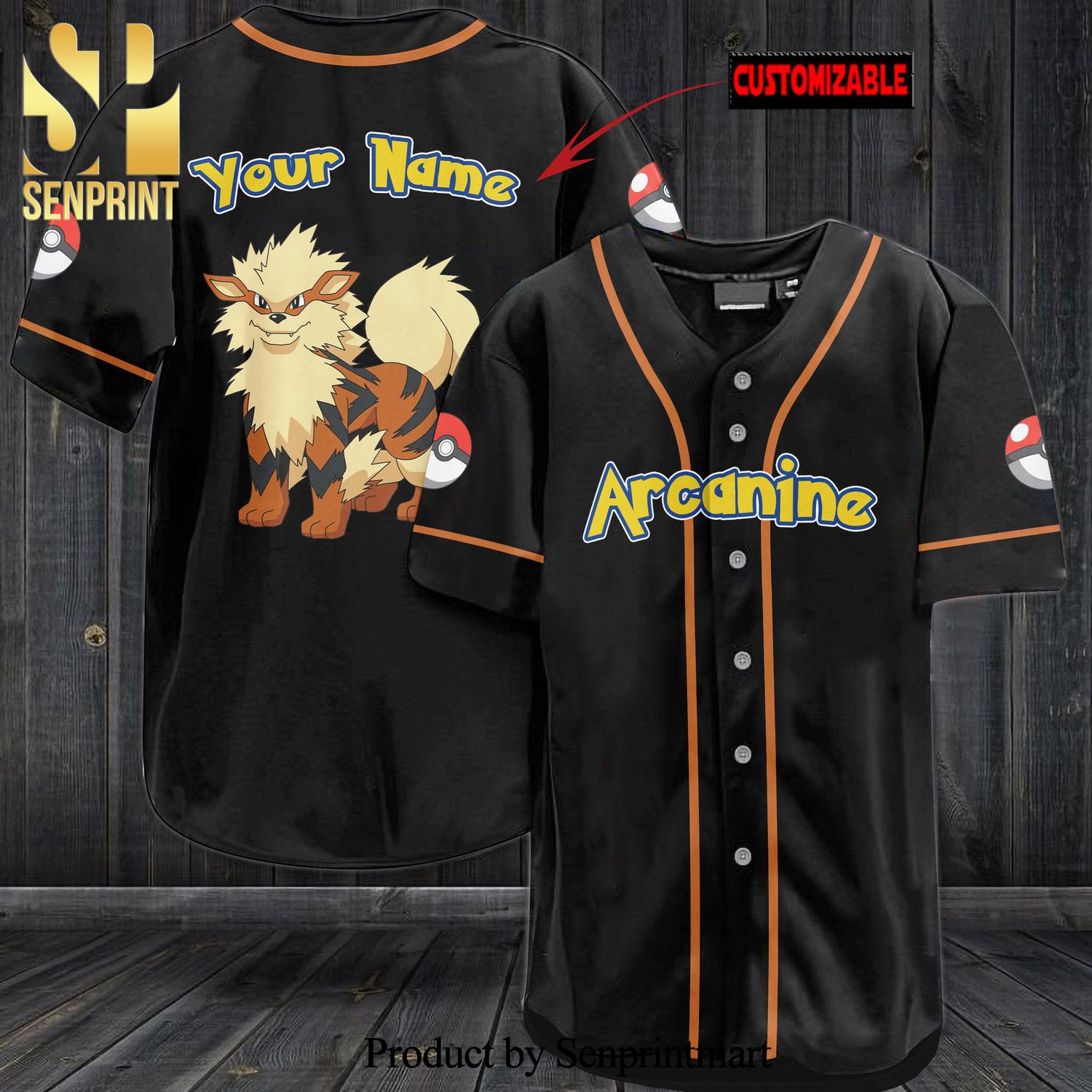 Personalized Arcanine All Over Print Baseball Jersey – Black