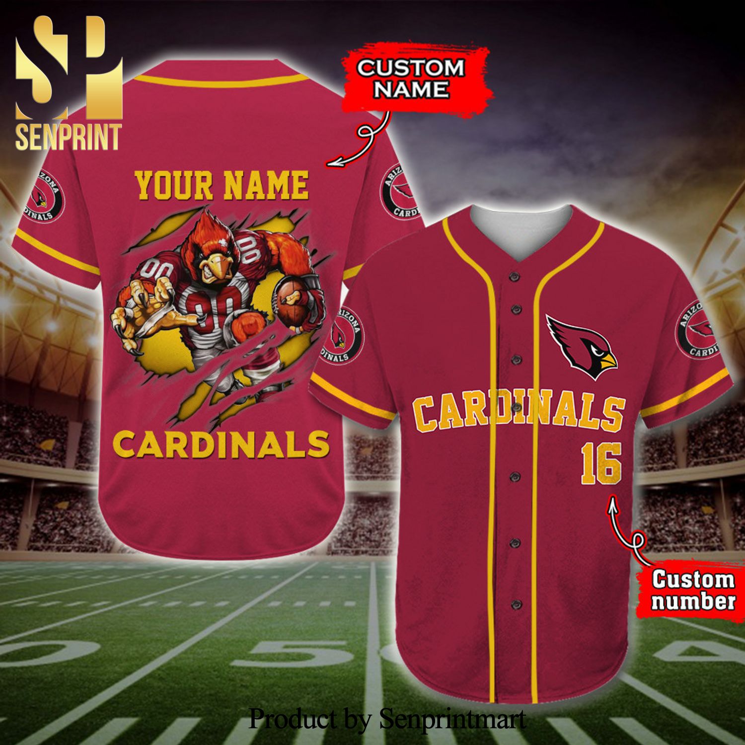 Personalized Arizona Cardinals Mascot Full Printing Baseball Jersey