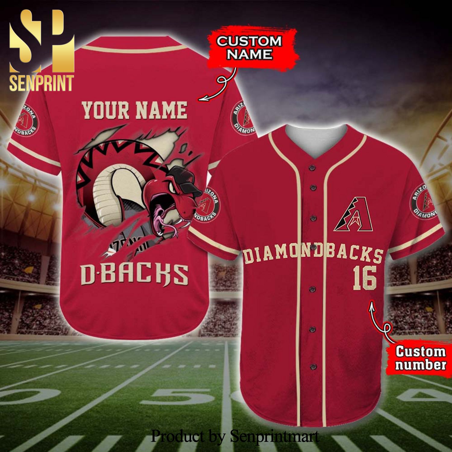 Personalized Arizona Diamondbacks Mascot Dbacks Full Printing Baseball Jersey