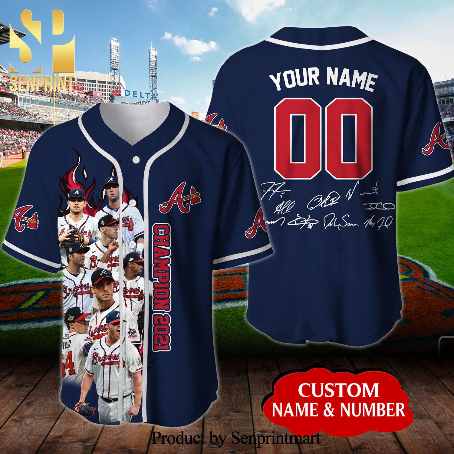 Personalized Atlanta Braves Signatures Full Printing Baseball Jersey – Navy