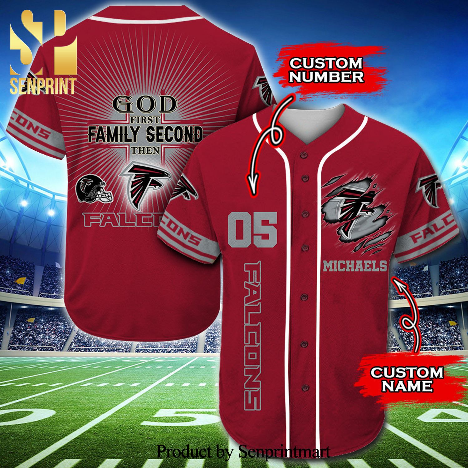 Personalized Atlanta Falcons God First Family Second Full Printing Baseball Jersey