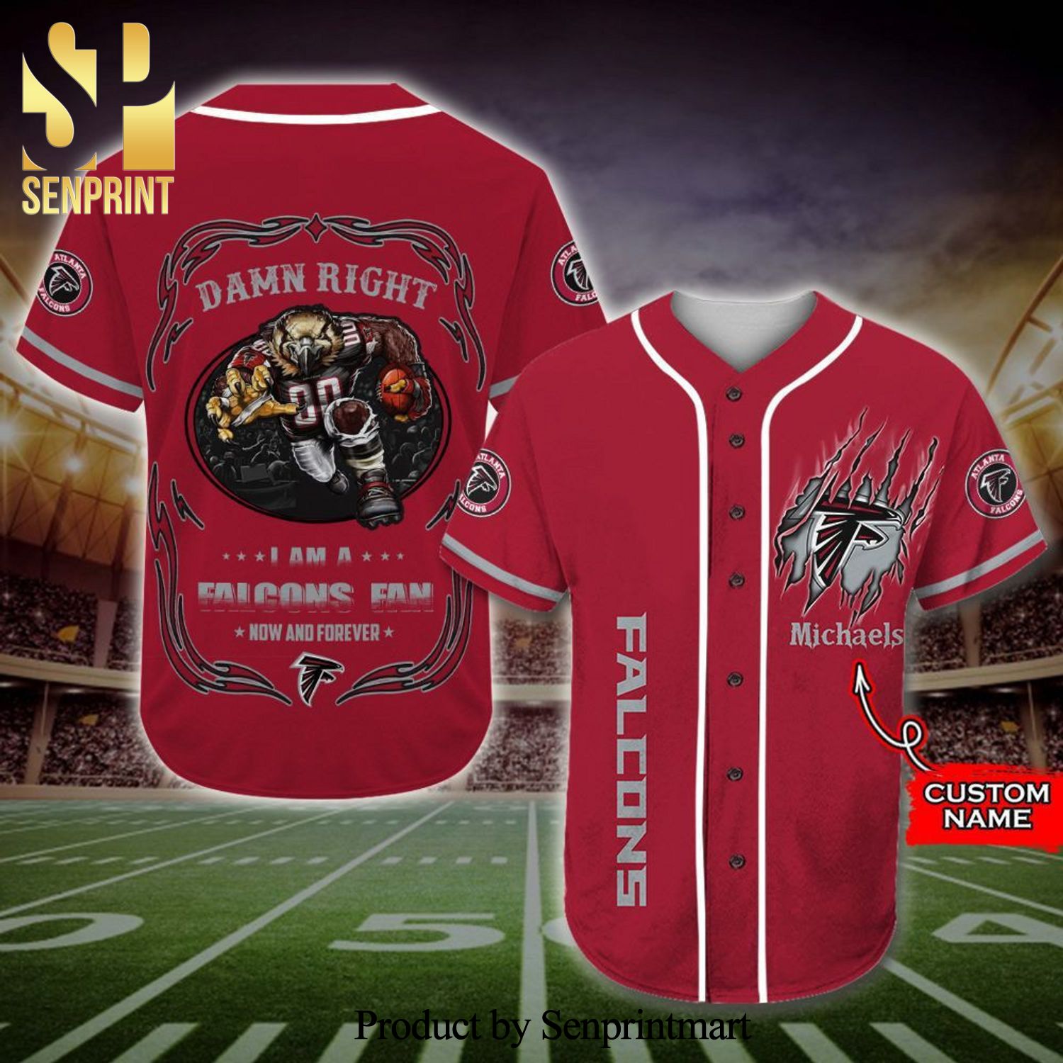 Personalized Atlanta Falcons Mascot Damn Right Full Printing Baseball Jersey
