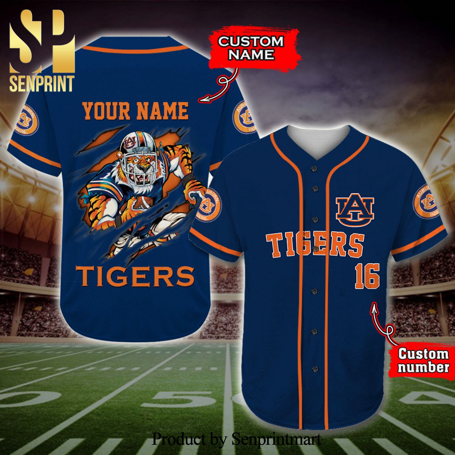 Personalized Auburn Tigers Mascot Full Printing Baseball Jersey
