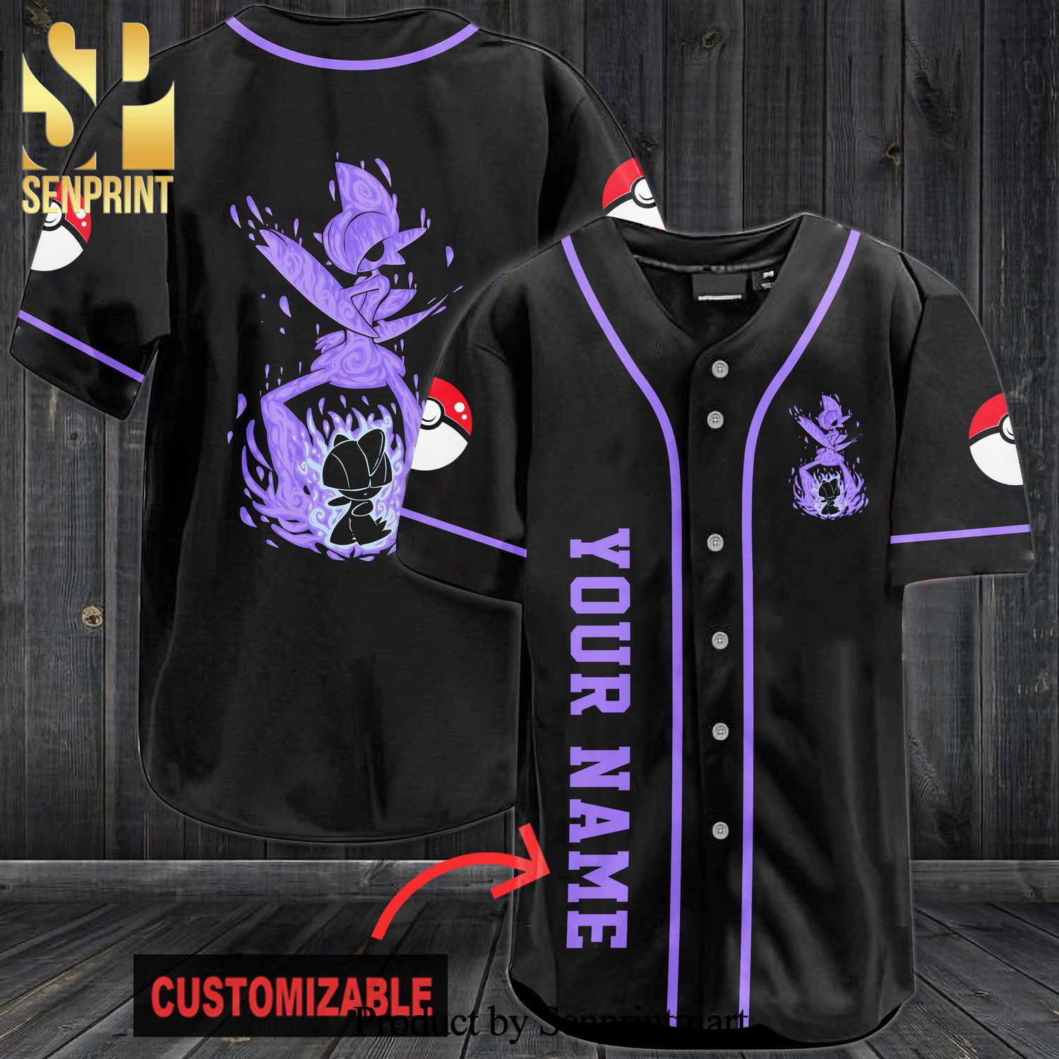 Personalized Awesome Purple Pokemon All Over Print Baseball Jersey – Black