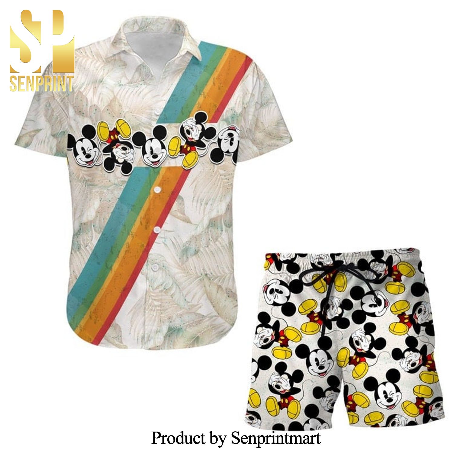 Mickey Mouse Rainbow Stripe Disney Cartoon Graphics Full Printing Combo Hawaiian Shirt And Beach Shorts - White