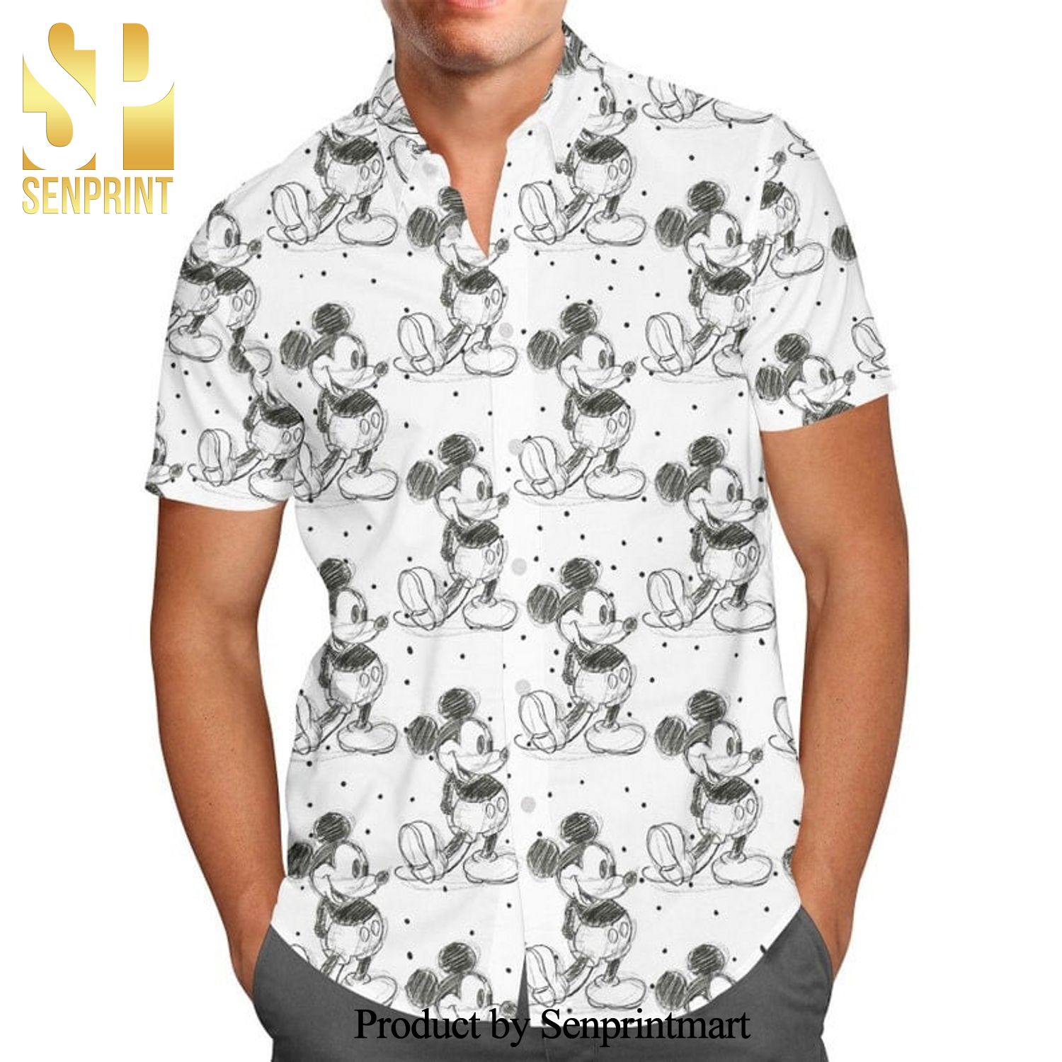 Mickey Mouse Sketch Disney Cartoon Graphics Full Printing Hawaiian Shirt - White