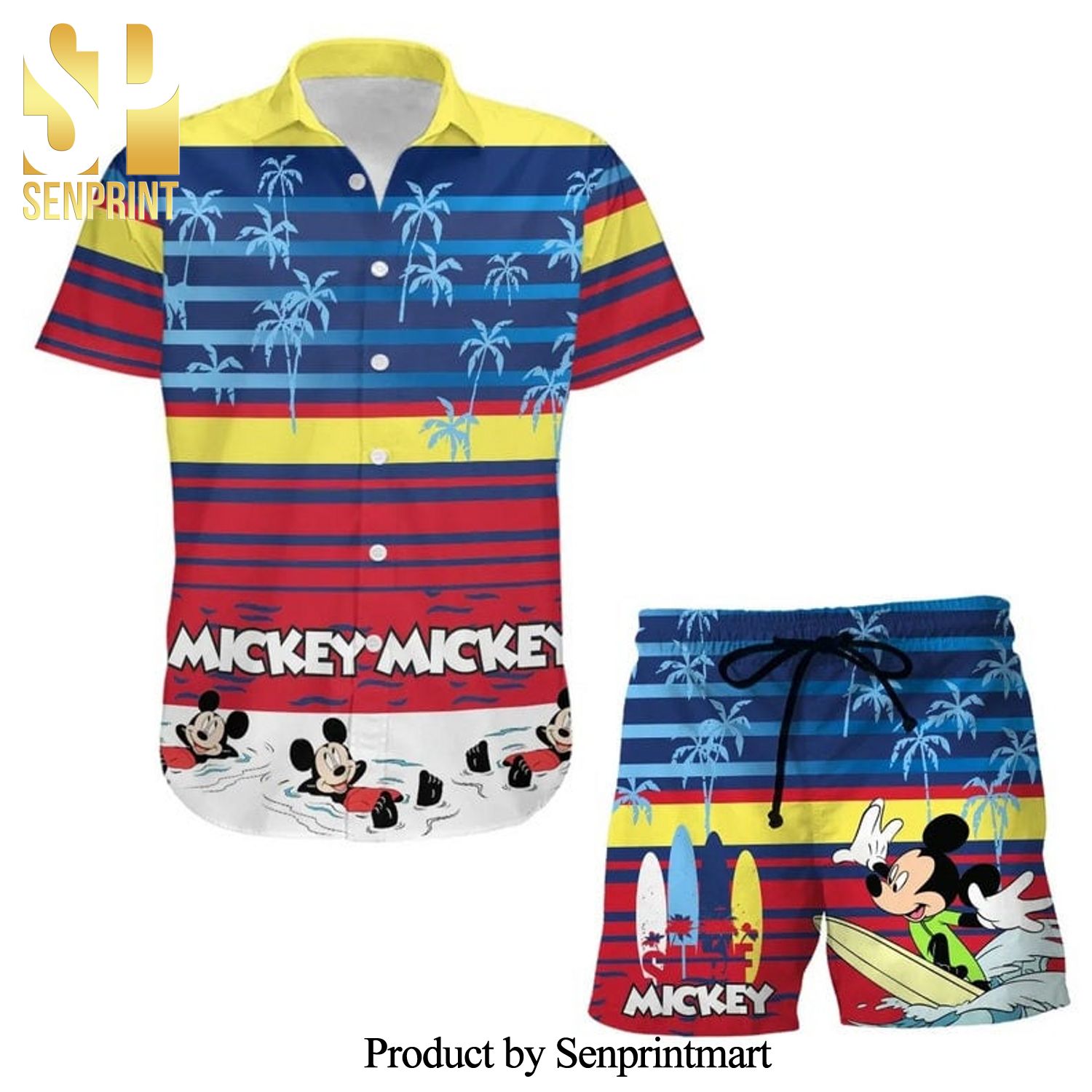 Mickey Mouse Surfing Disney Cartoon Graphics Colorful Stripe Full Printing Combo Hawaiian Shirt And Beach Shorts