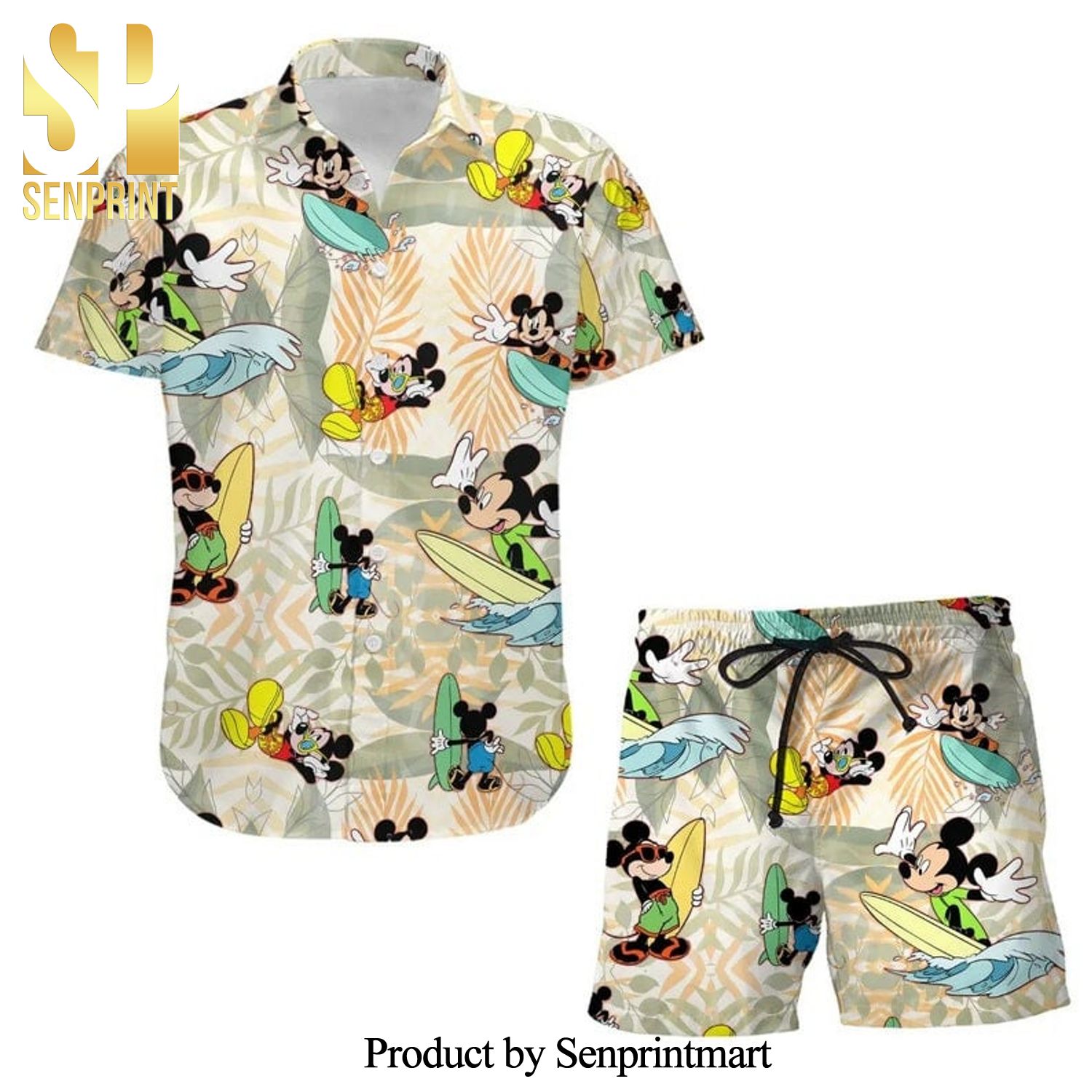 Mickey Mouse Surfing Disney Cartoon Graphics Full Printing Combo Hawaiian Shirt And Beach Shorts - Beige