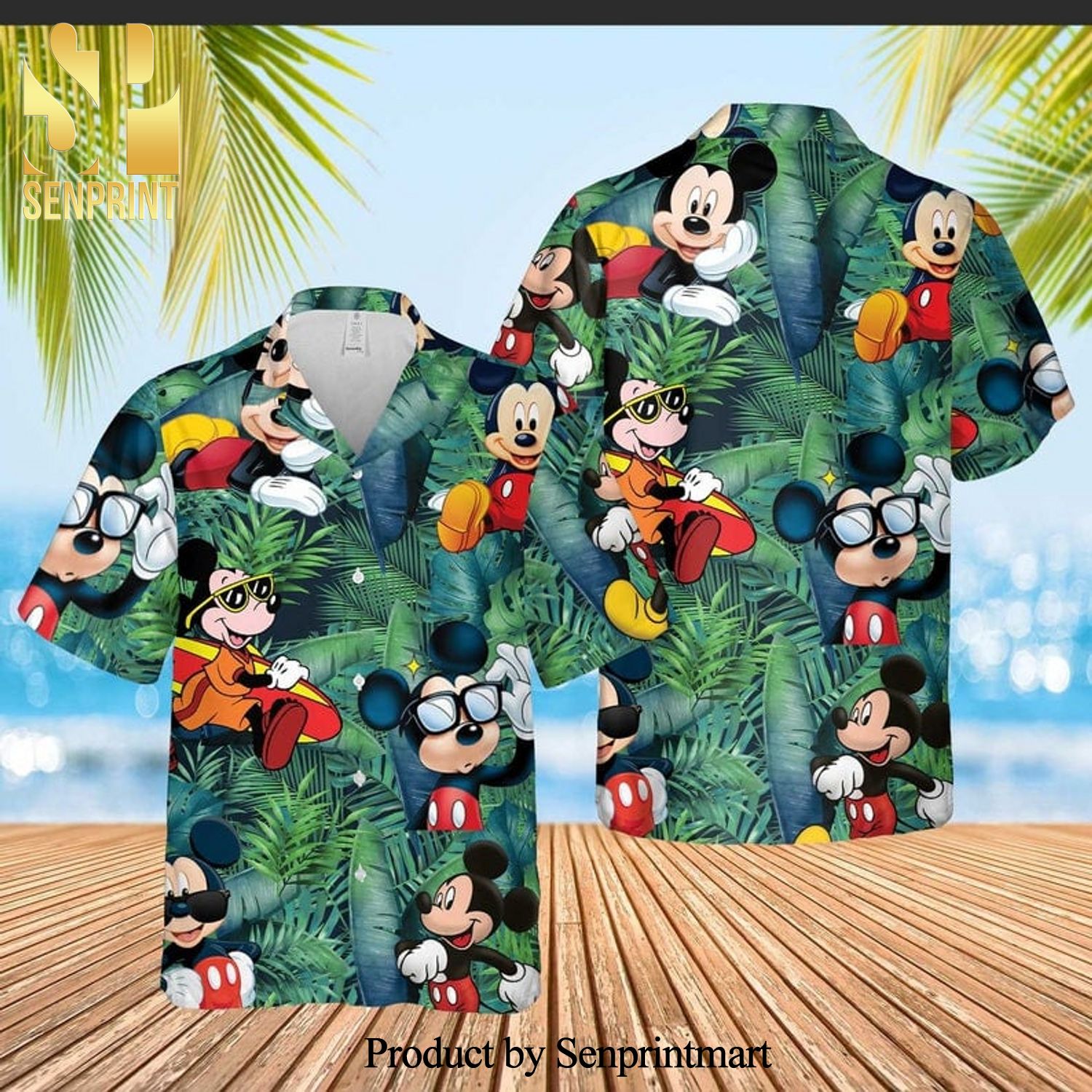 Mickey Mouse Vacation Disney Cartoon Graphics Green Forest Full Printing Hawaiian Shirt