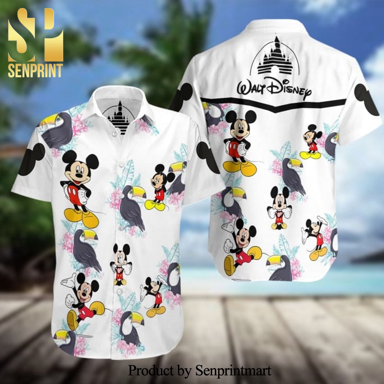 Mickey Mouse Walt Disney Full Printing Summer Short Sleeve Hawaiian Beach Shirt – White