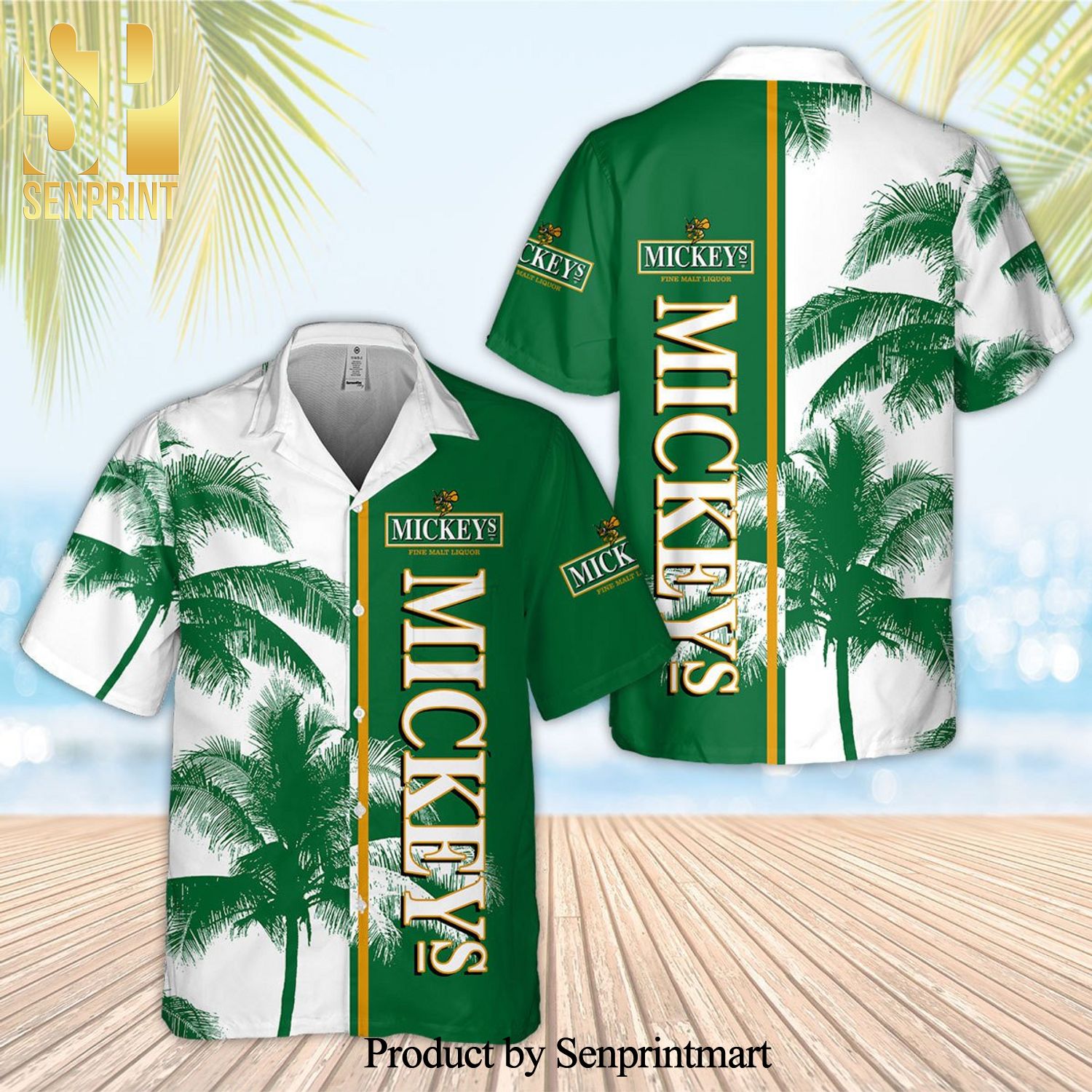 Mickey’s Fine Malt Liquor Palm Tree Full Printing Aloha Summer Beach Hawaiian Shirt – White Green
