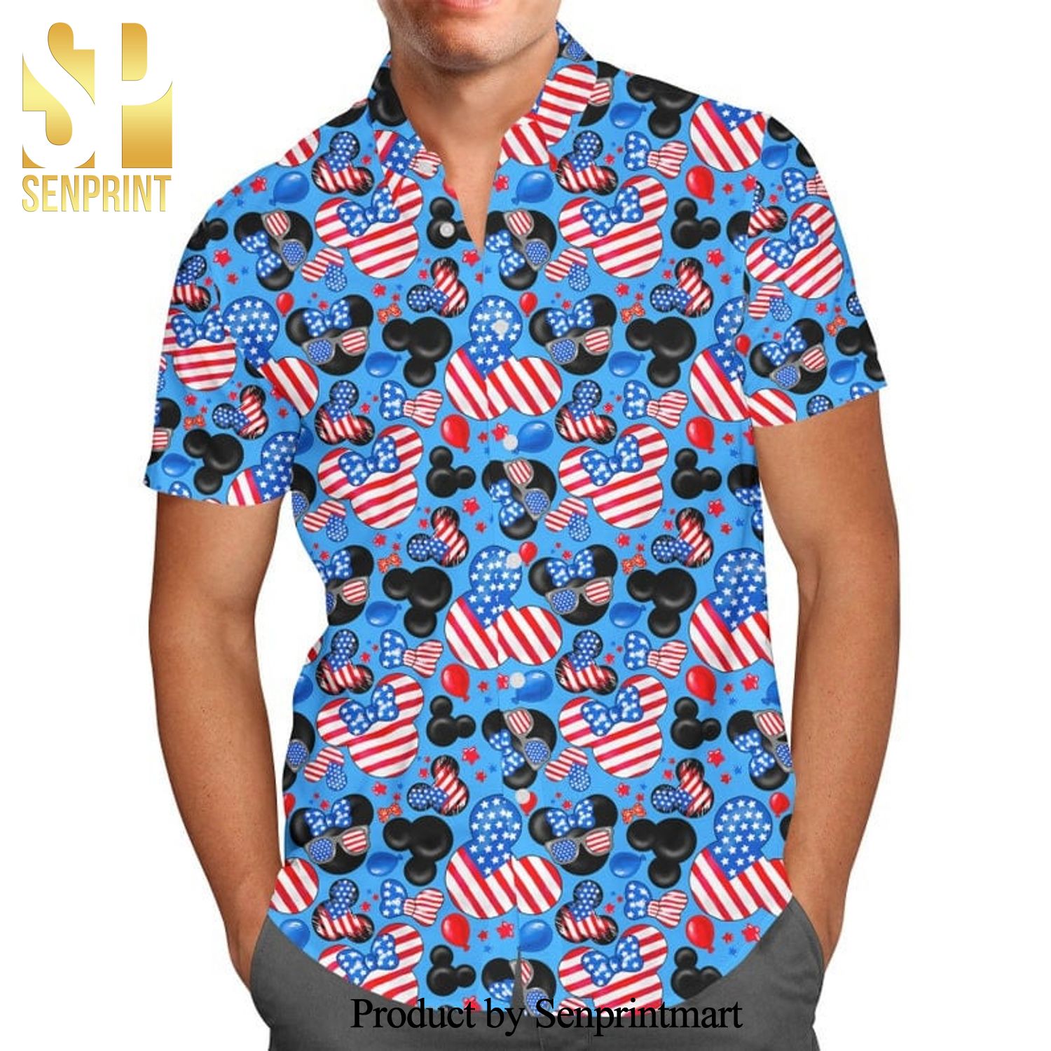 Mickey's Fourth of July Pattern Full Printing Hawaiian Shirt - Blue