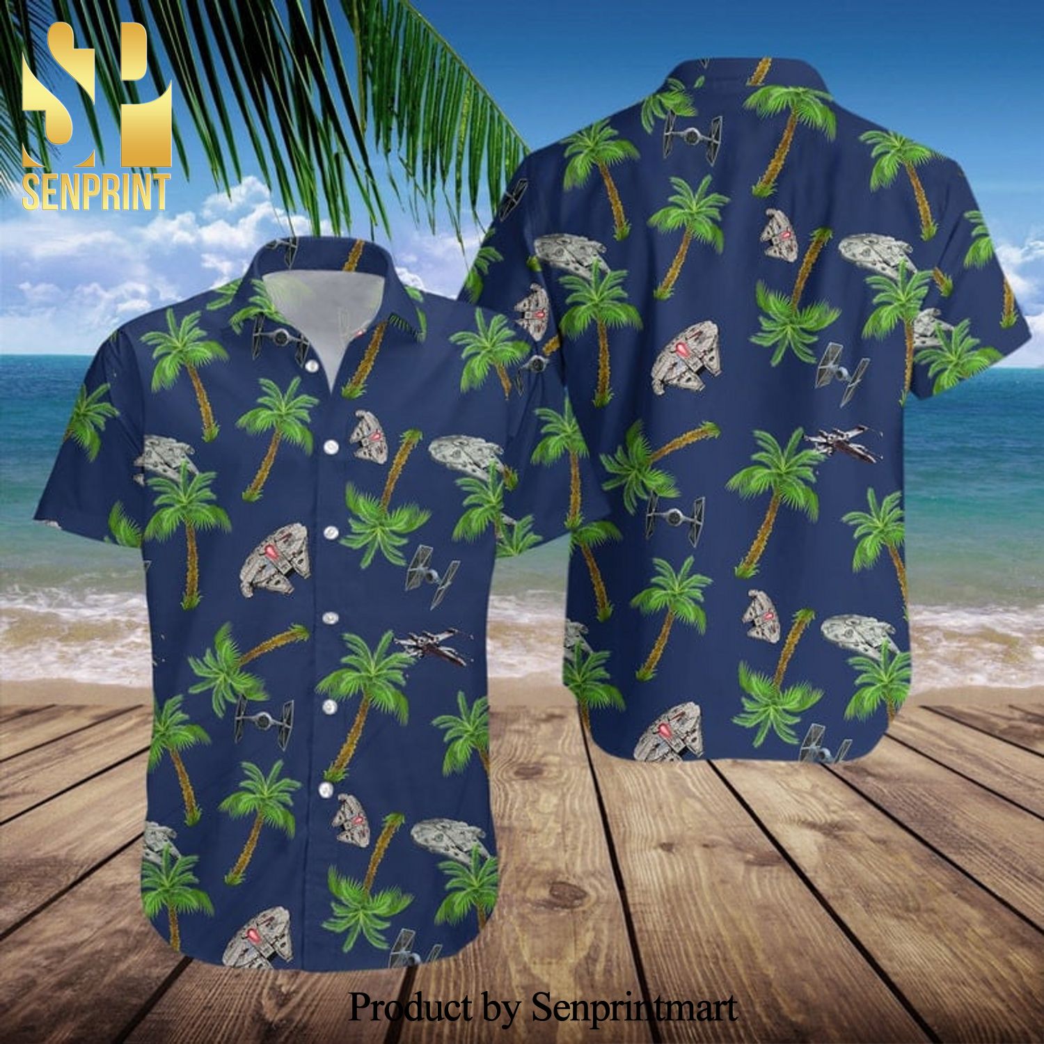 Millennium Falcon Star Wars Palm Tree Full Printing Hawaiian Shirt - Navy