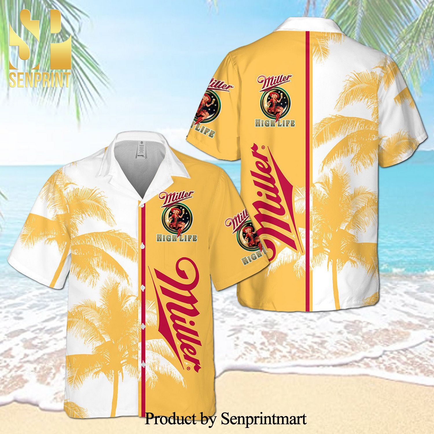 Miller High Life Palm Tree Pattern Full Printing Aloha Summer Beach Hawaiian Shirt - White Orange