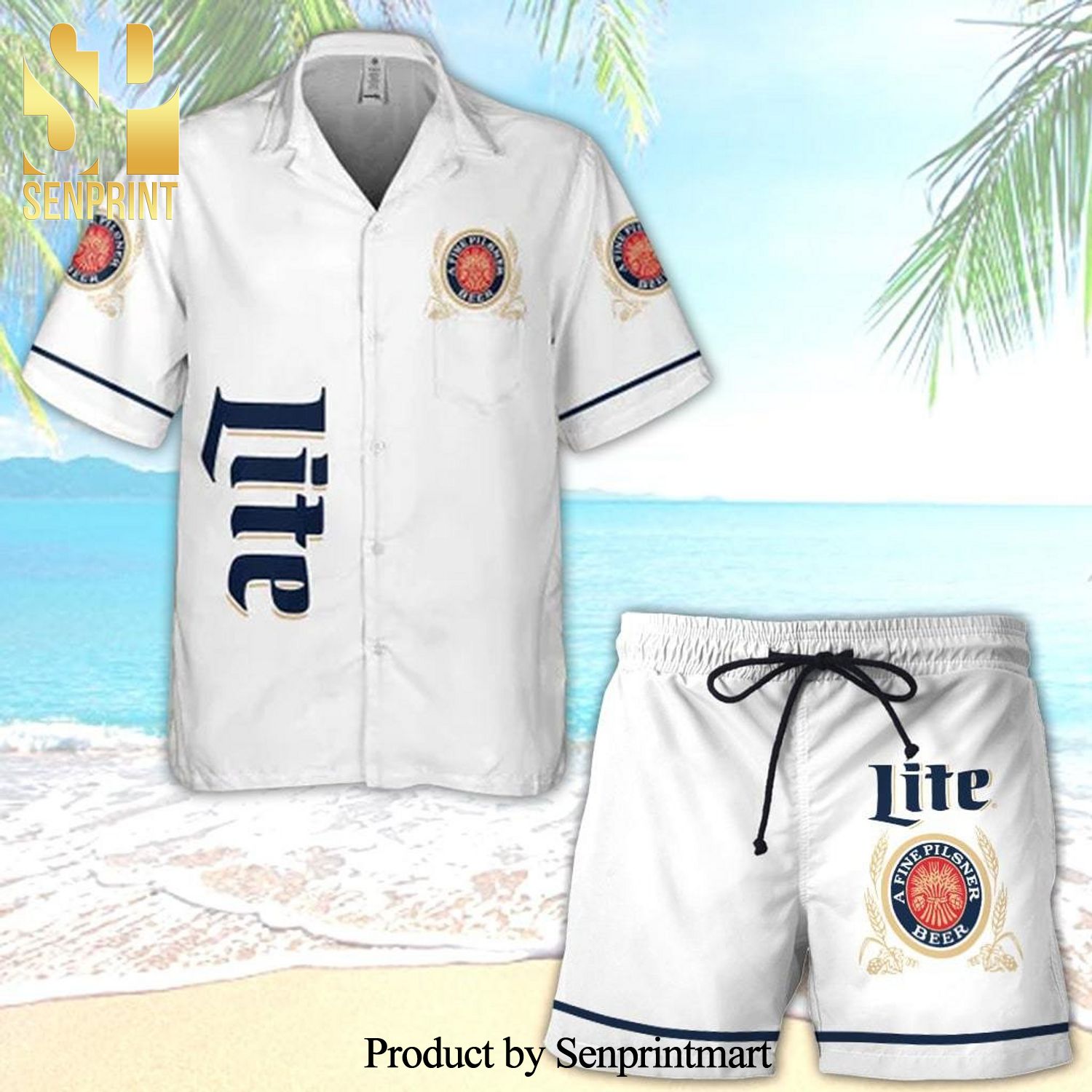 Miller Lite Full Printing Combo Hawaiian Shirt And Beach Shorts - White