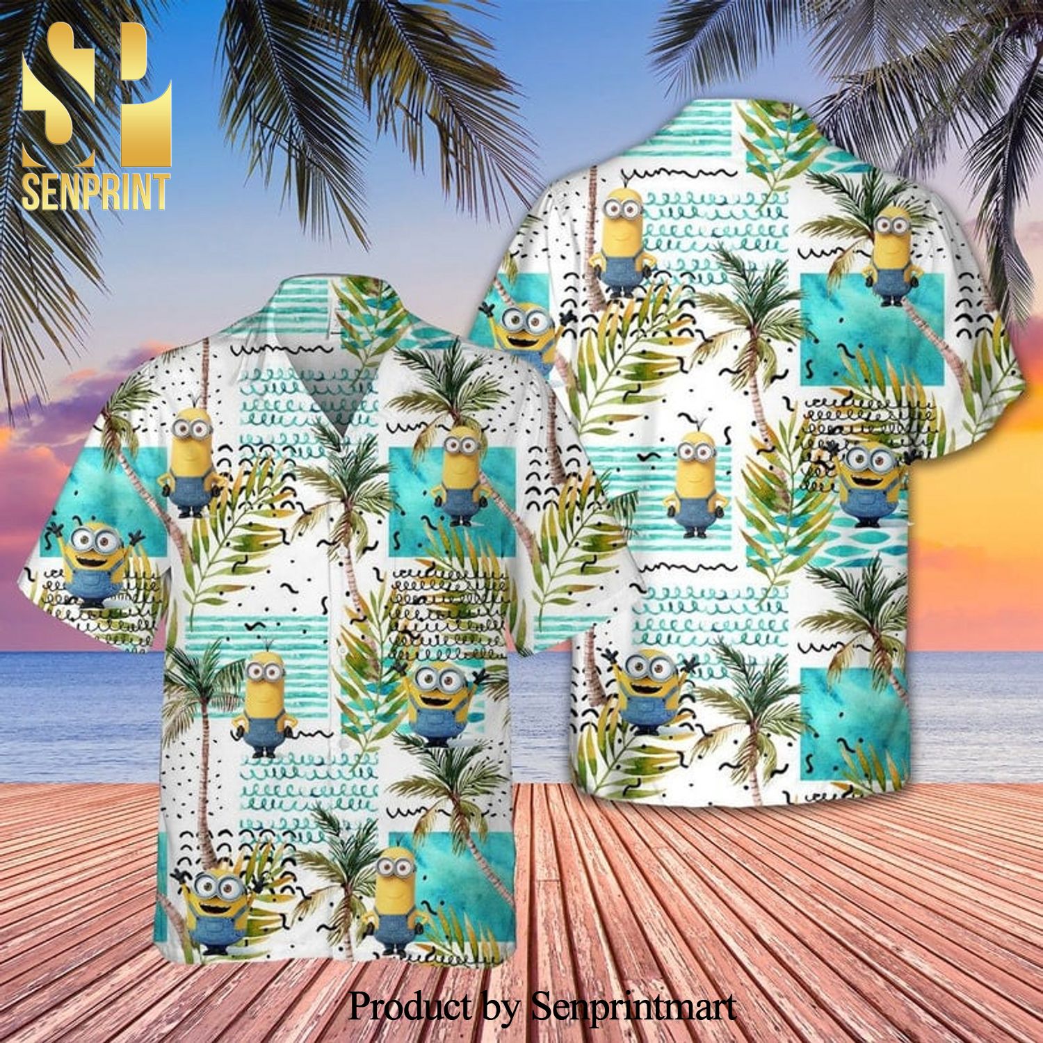 Minions Despicable Me Waves Palm Tree Full Printing Hawaiian Shirt - White