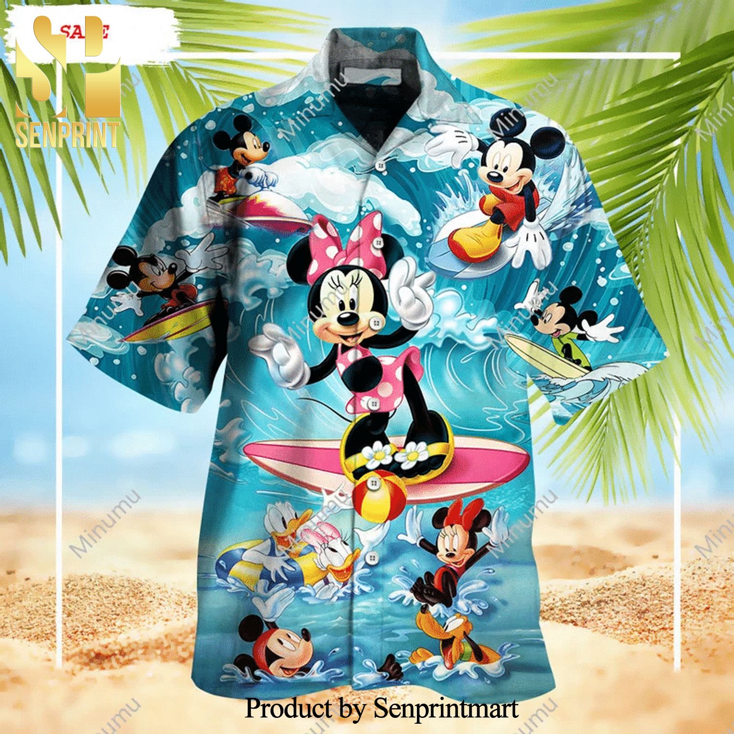 Minnie Mickey Mouse And Friends Summer Vacation Full Printing Hawaiian Shirt - Blue