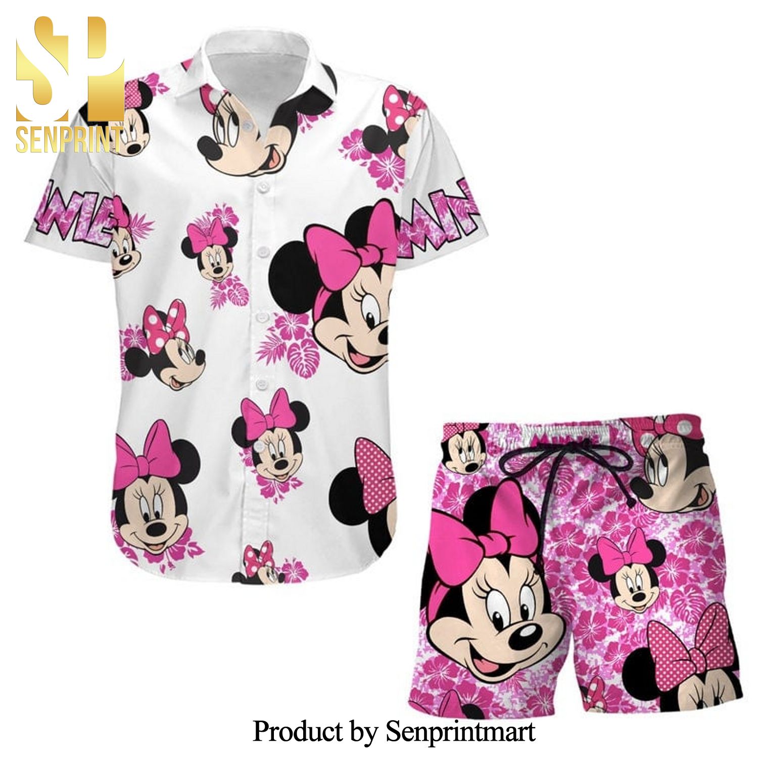 Minnie Mouse Hibiscus Disney Cartoon Graphics Full Printing Combo Hawaiian Shirt And Beach Shorts - White Pink