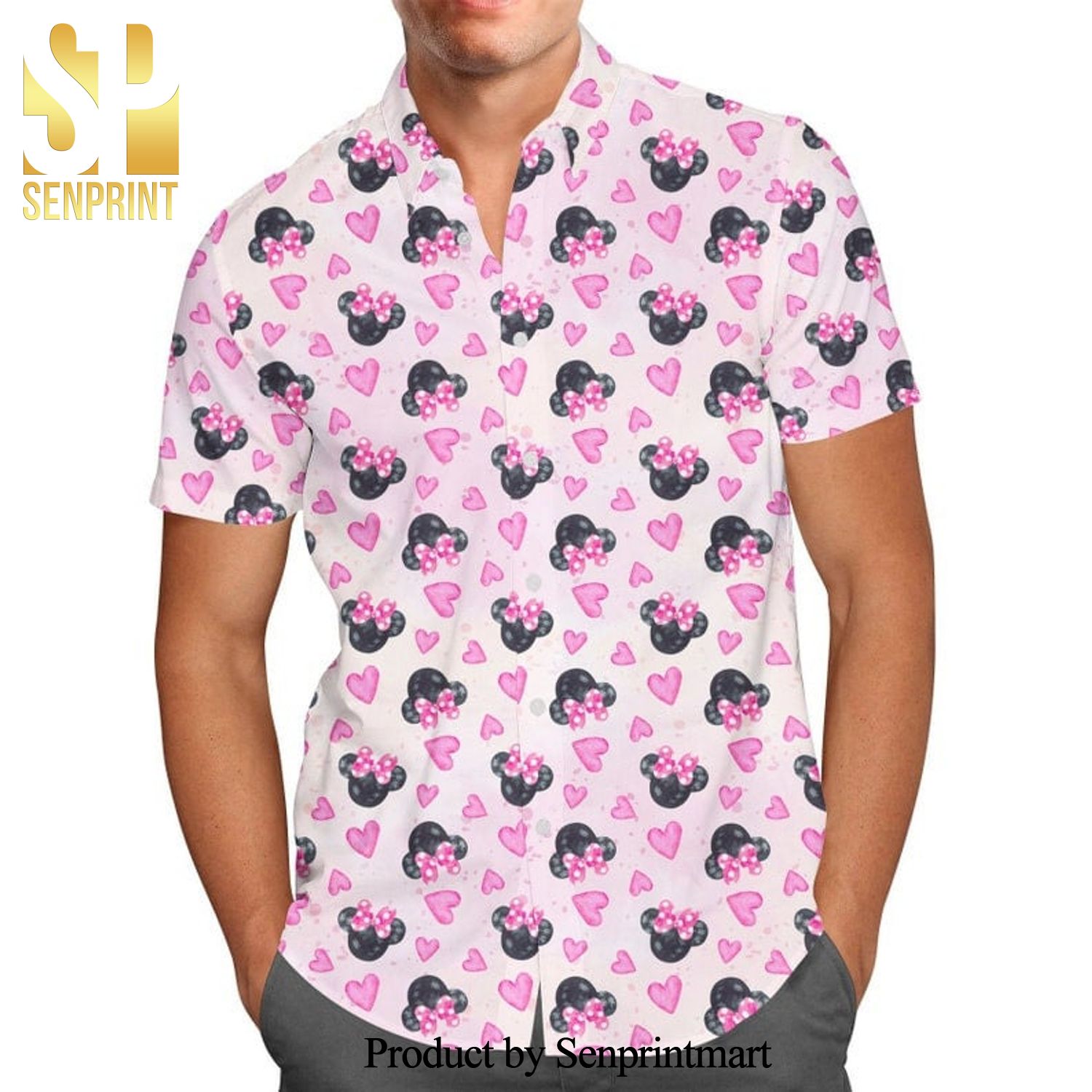 Minnie Mouse Pink Hearts Pattern Disney Cartoon Graphics Full Printing Hawaiian Shirt