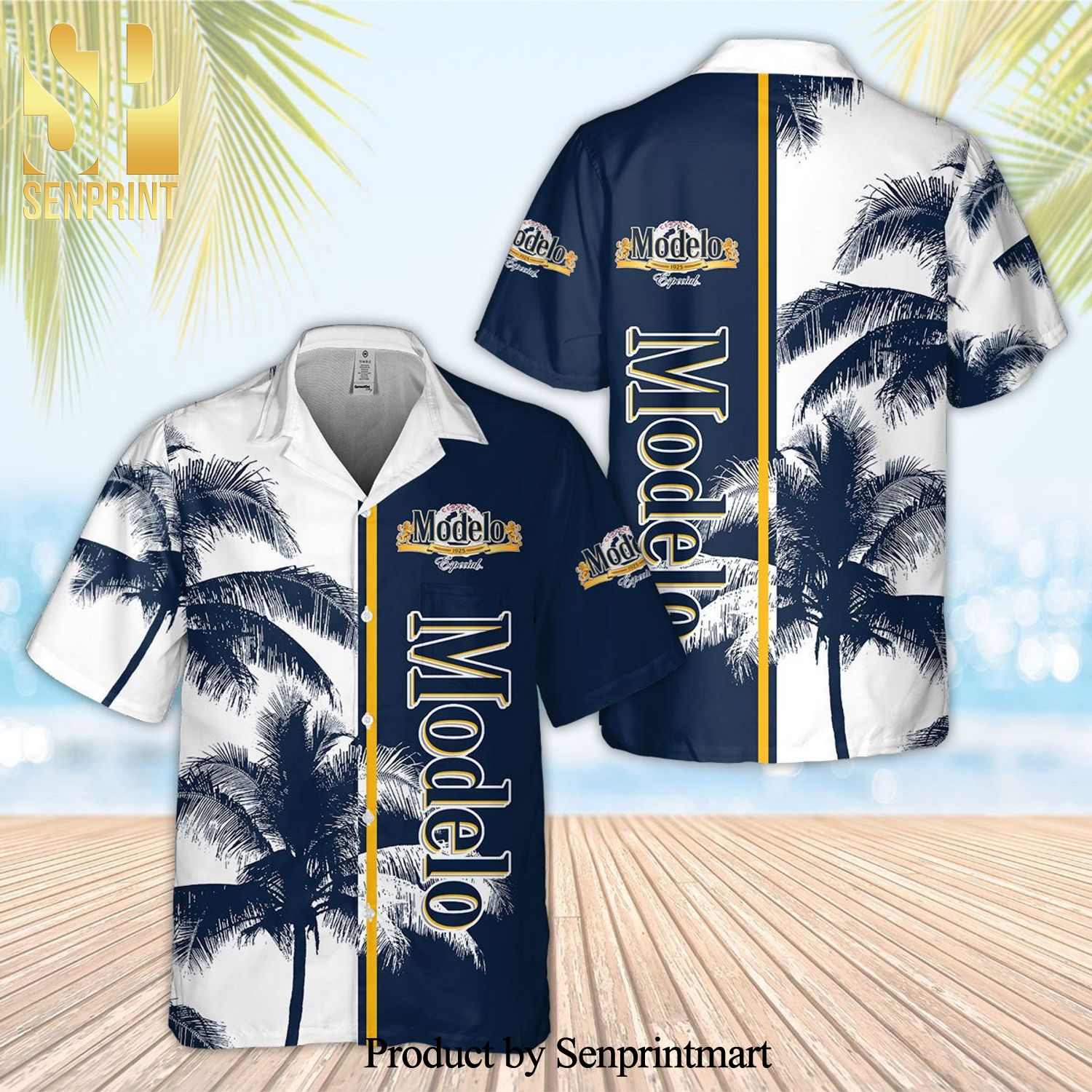Modelo Palm Tree Full Printing Aloha Summer Beach Hawaiian Shirt - White Navy