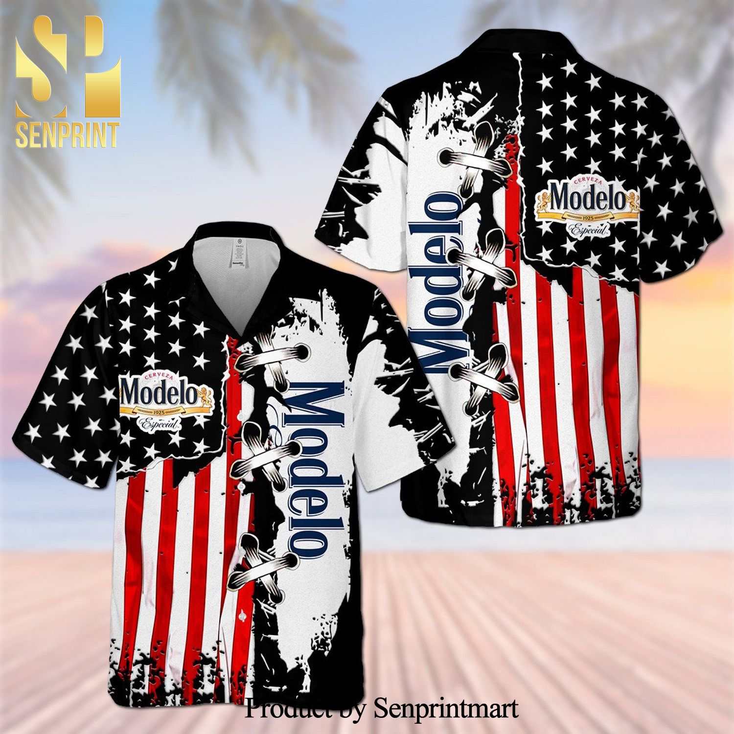 Modelo USA Flag Cross Stitch Full Printing Aloha Summer Beach Hawaiian Shirt - Black White