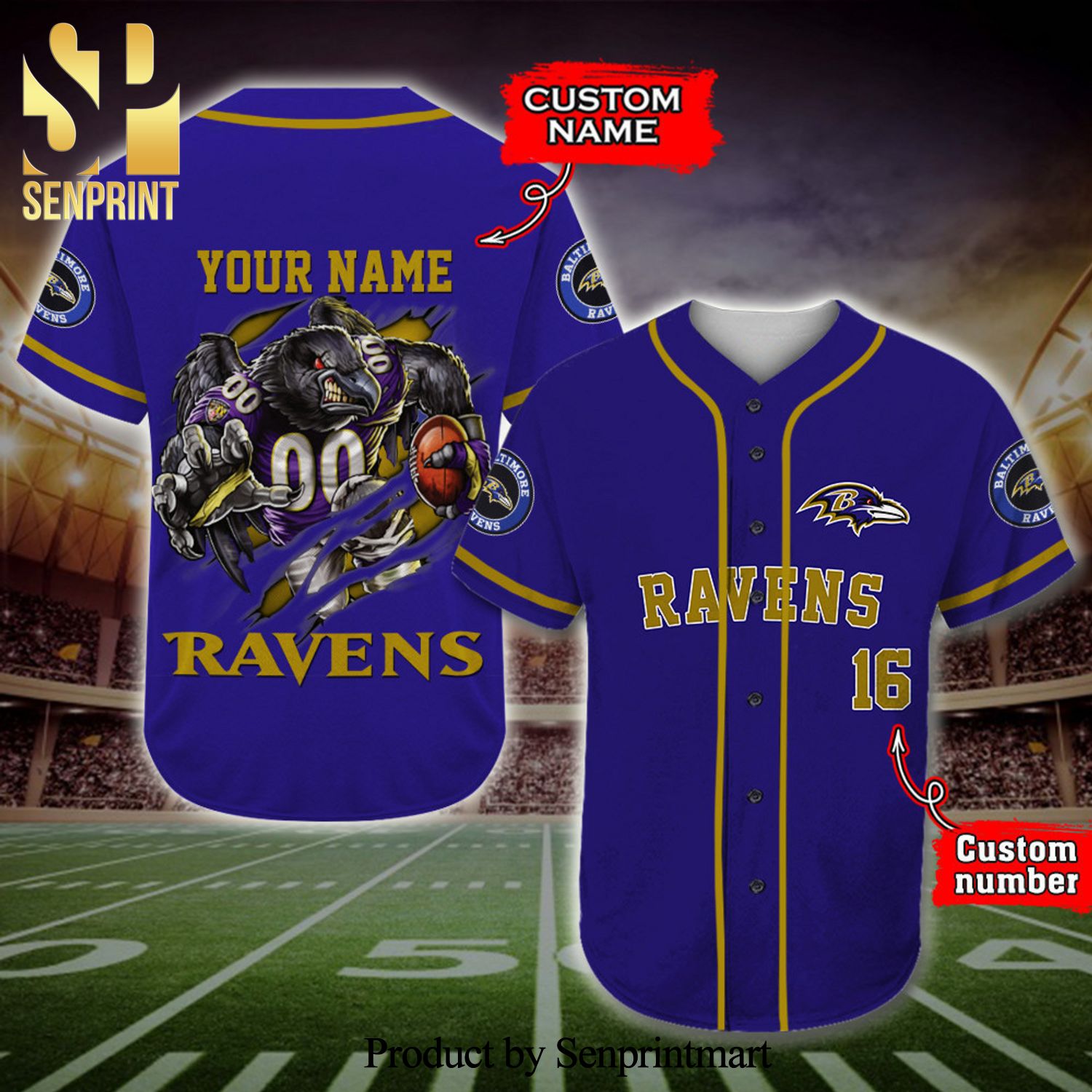 Personalized Baltimore Ravens Mascot Full Printing Baseball Jersey