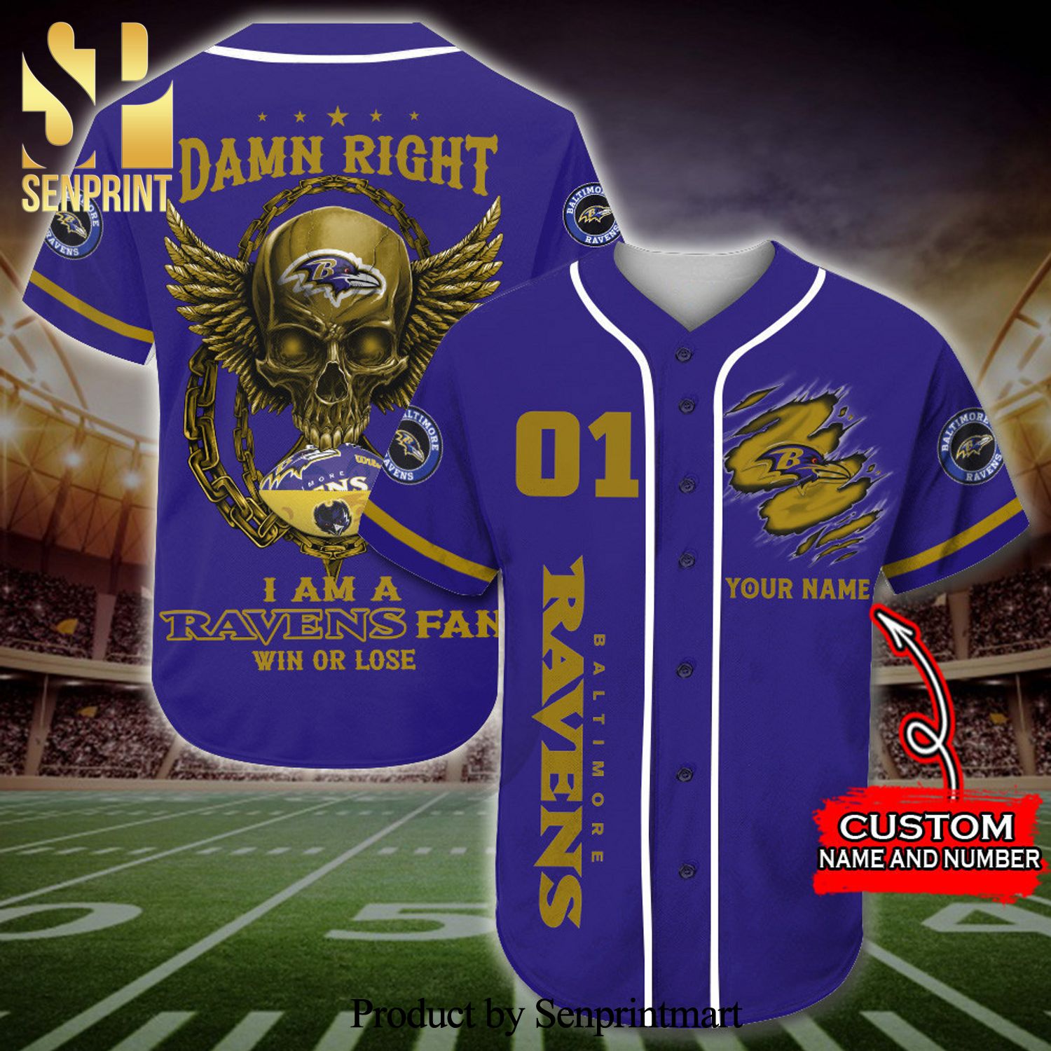 Personalized Baltimore Ravens Skull Damn Right Full Printing Baseball Jersey