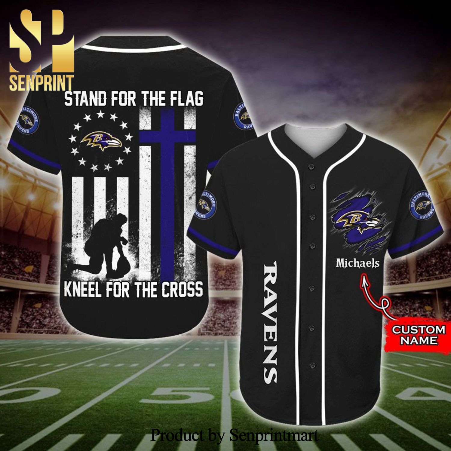 Personalized Baltimore Ravens Stand For The Flag Kneel For The Cross Full Printing Baseball Jersey - Black