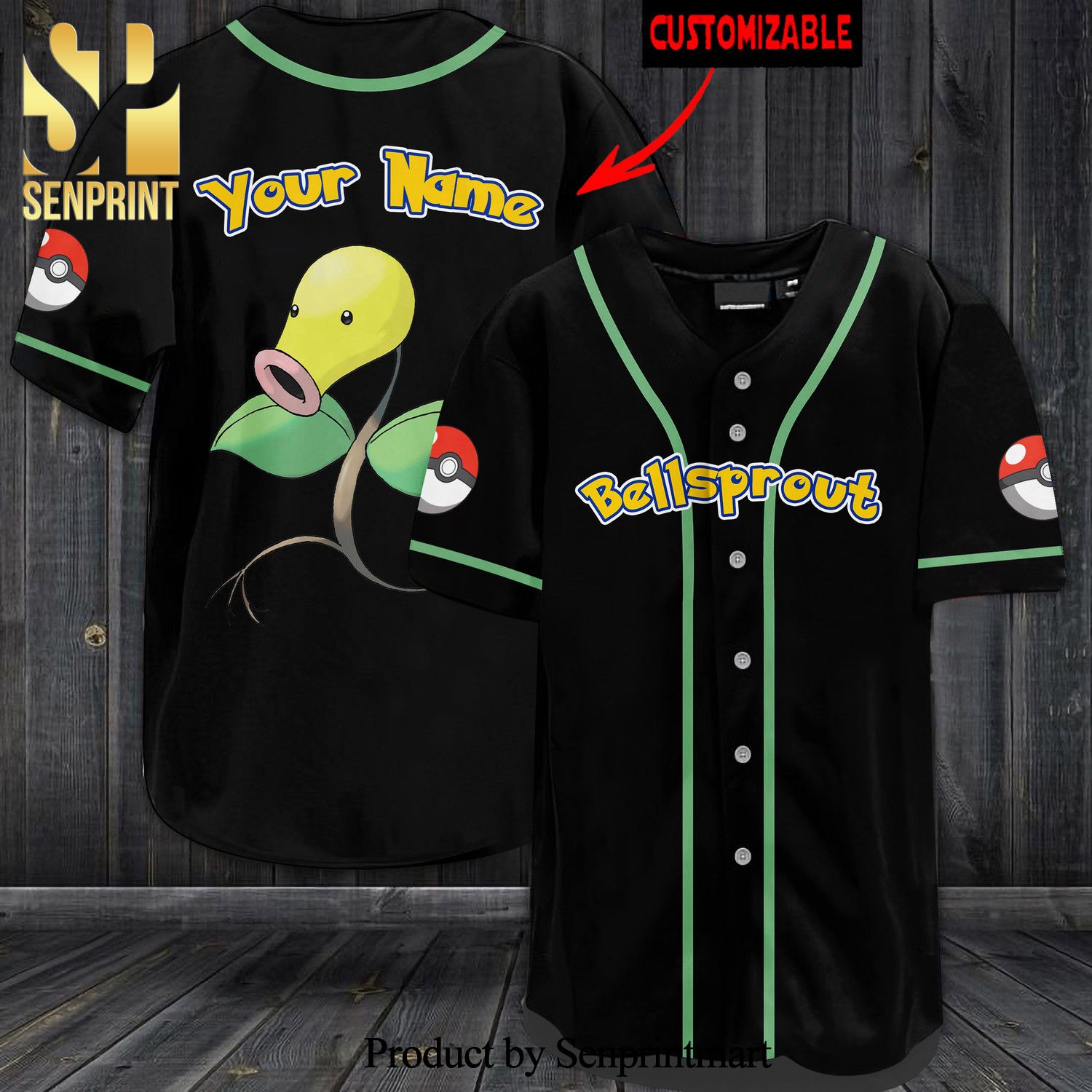 Personalized Bellsprout All Over Print Baseball Jersey - Black