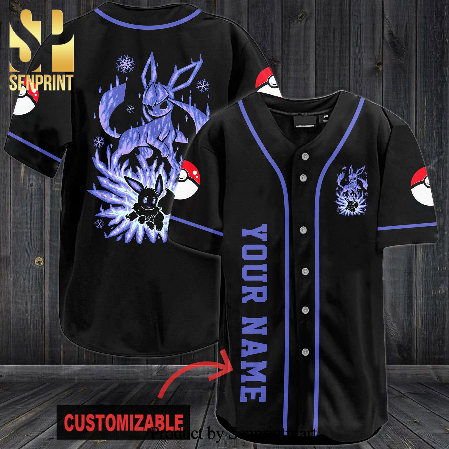 Personalized Blue Eevee All Over Print Baseball Jersey - Black