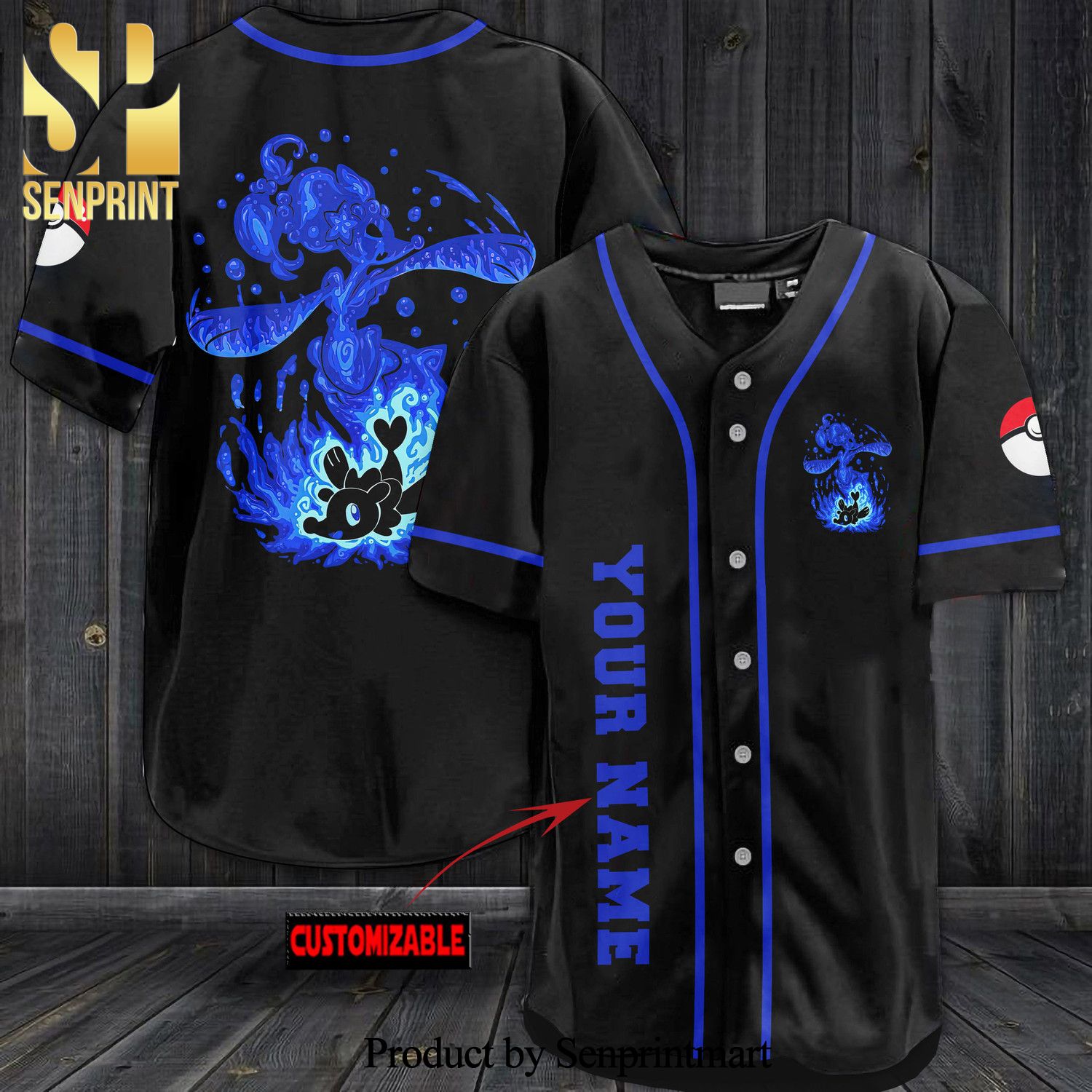 Personalized Blue Pokemon All Over Print Baseball Jersey - Black